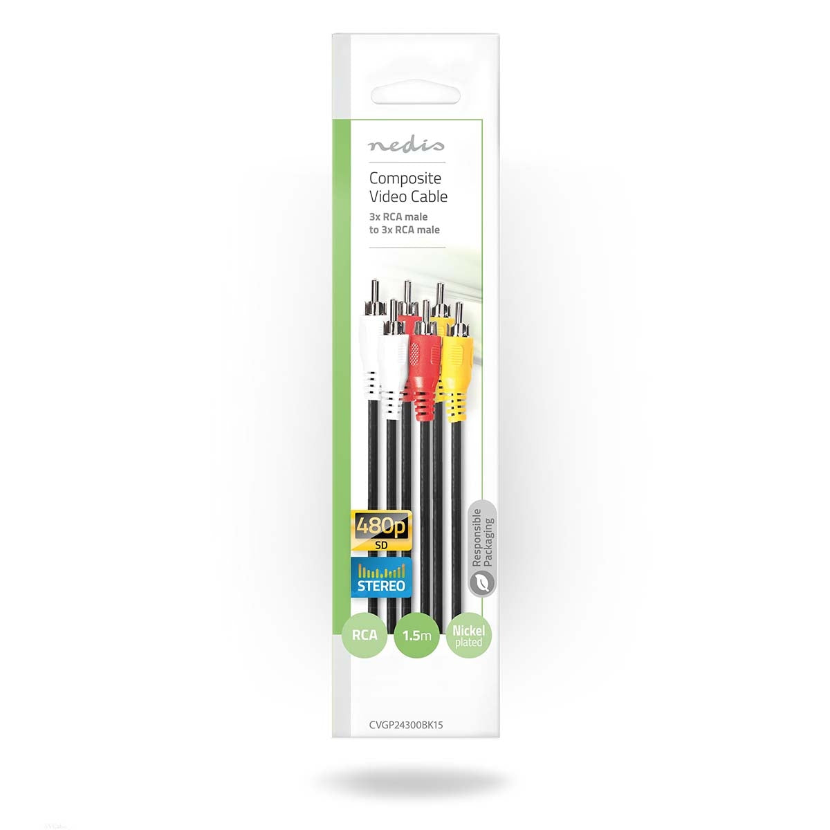 Composite Video Cable | 3x RCA Male | 3x RCA Male | Nickel Plated | 480p | 1.50 m | Round | PVC | Black | Plastic bag
