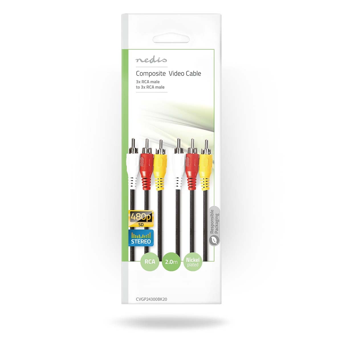 Composite Video Cable | 3x RCA Male | 3x RCA Male | Nickel Plated | 480p | 2.00 m | Round | PVC | Black | Plastic bag