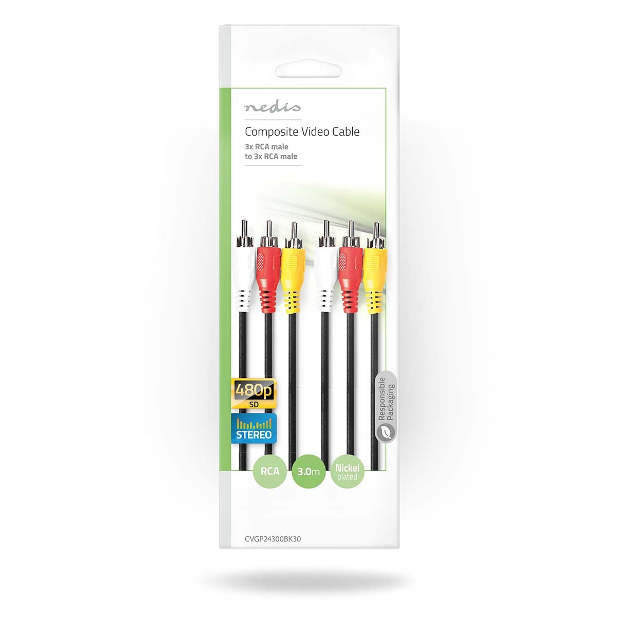 Composite Video Cable | 3x RCA Male | 3x RCA Male | Nickel Plated | 480p | 3.00 m | Round | PVC | Black | Plastic bag