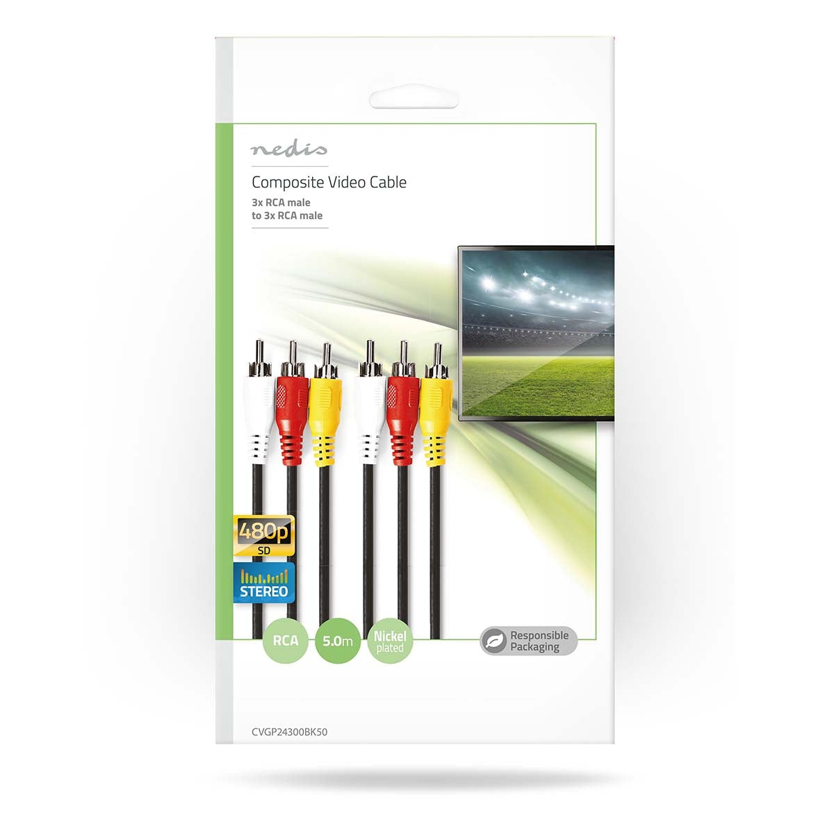 Composite Video Cable | 3x RCA Male | 3x RCA Male | Nickel Plated | 480p | 5.00 m | Round | PVC | Black | Plastic bag