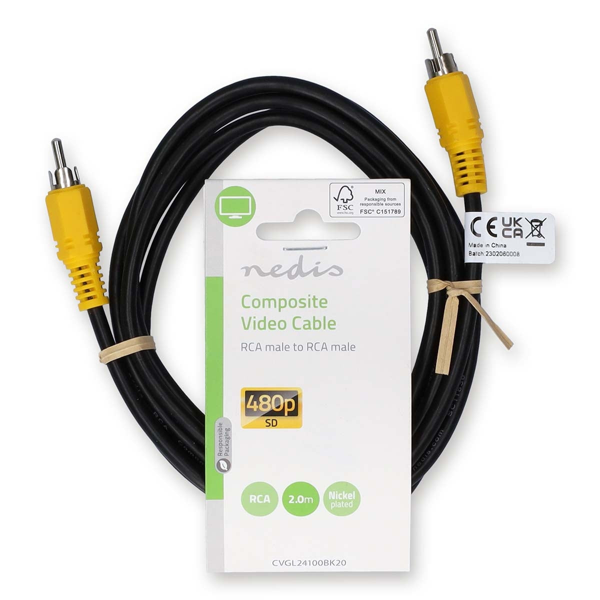 Composite Video Cable | RCA Male | RCA Male | Nickel Plated | 480p | 2.00 m | Round | PVC | Black | Label