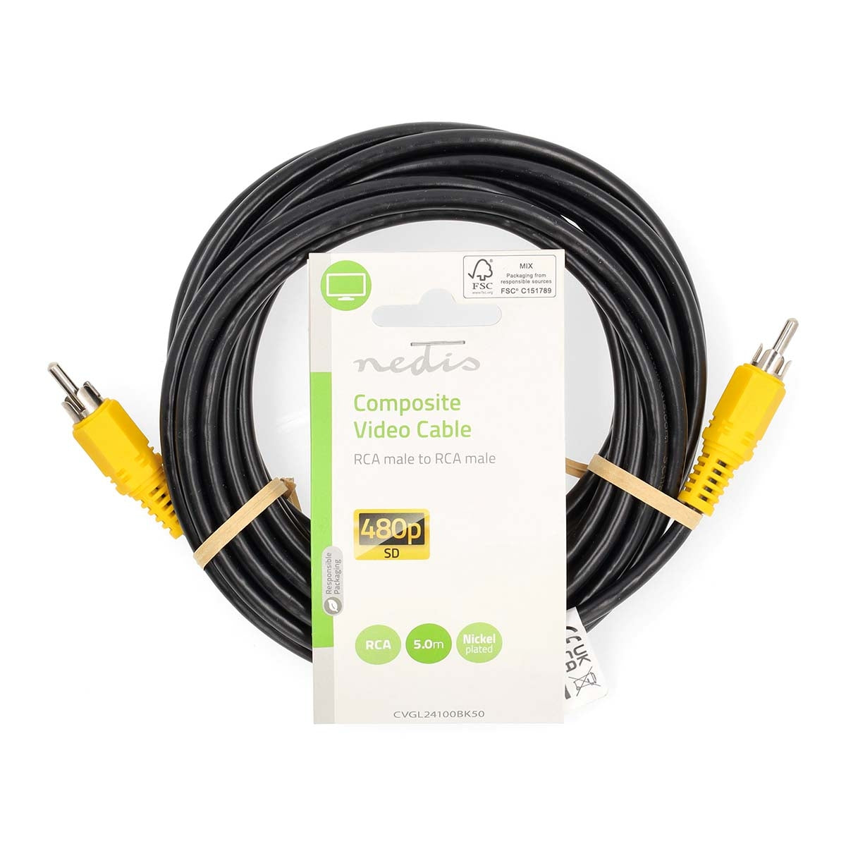Composite Video Cable | RCA Male | RCA Male | Nickel Plated | 480p | 5.00 m | Round | PVC | Black | Label