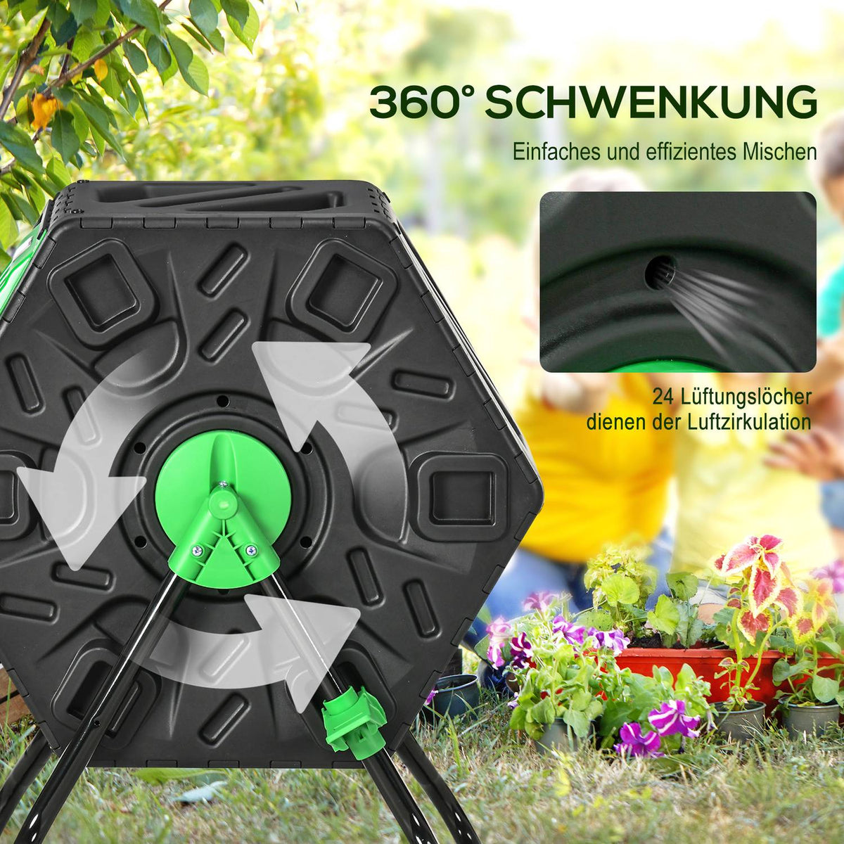 Composter 65 liters, 60x49x77cm rotatable quick composter made of plastic, weatherproof thermal composter with ventilation system, lid, garden composter, compost container for garden, kitchen, balcony