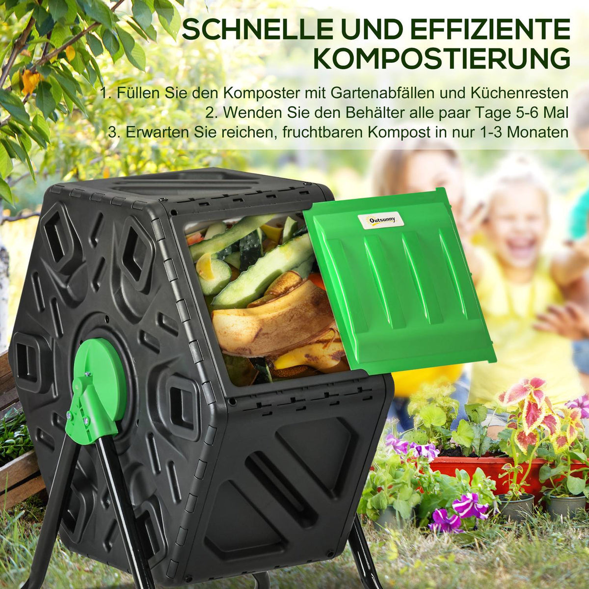 Composter 65 liters, 60x49x77cm rotatable quick composter made of plastic, weatherproof thermal composter with ventilation system, lid, garden composter, compost container for garden, kitchen, balcony