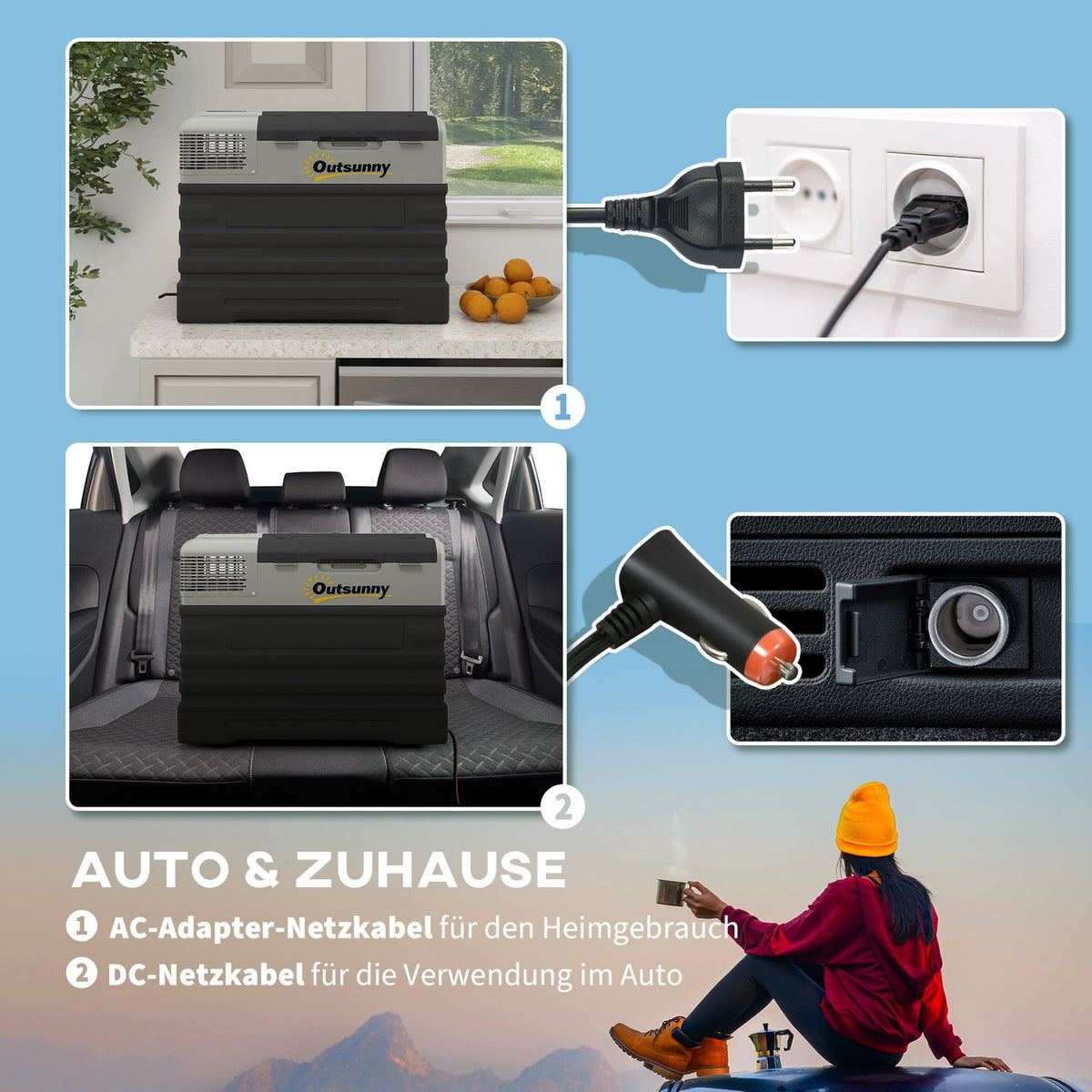Compressor cool box 56L, car cool box 12/24V DC & 240V AC up to -20°C, portable freezer box with ECO/MAX modes, mini fridge with telescopic rod, wheel, for camping, truck, boat and socket |