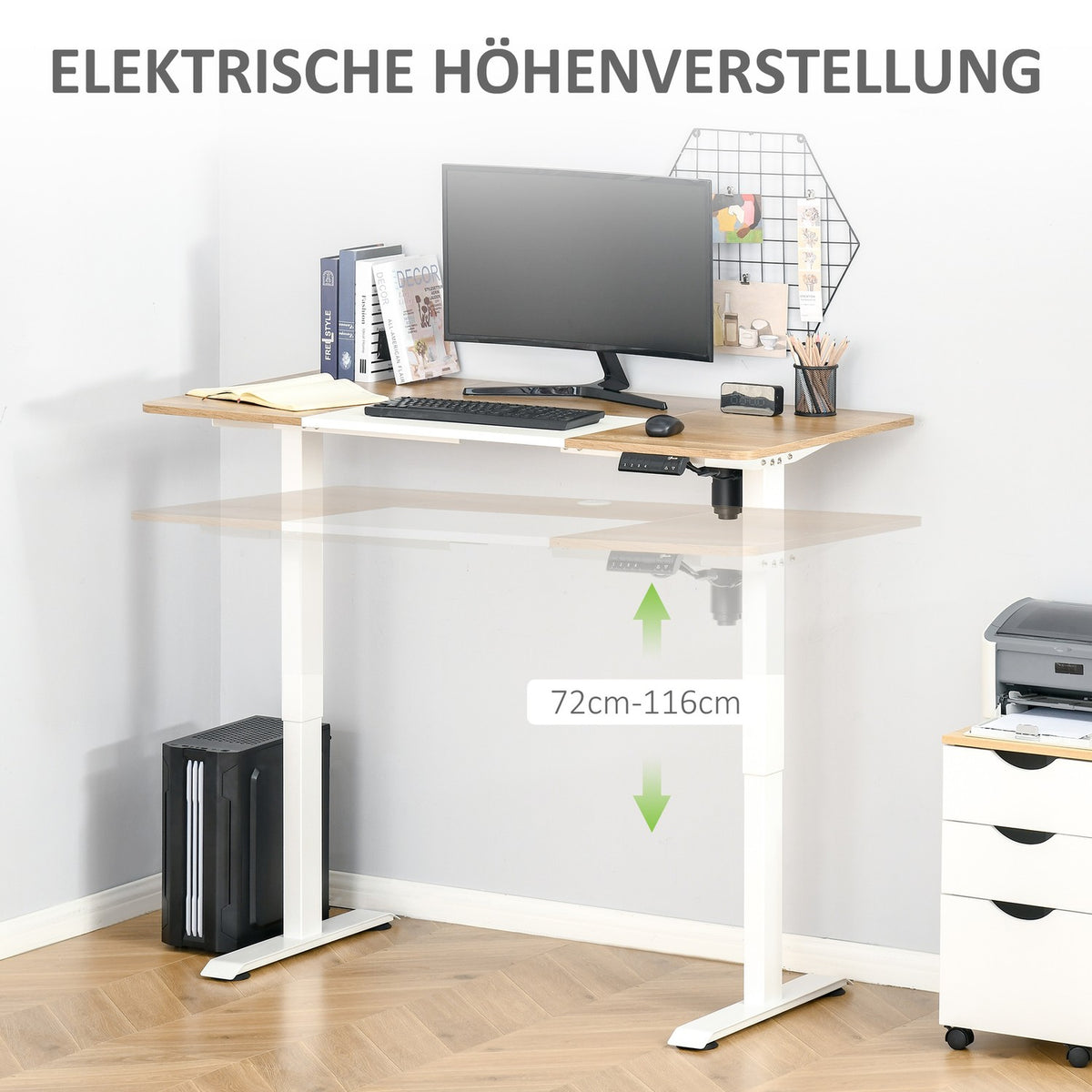 Computer Desk Electric Desk, Standing Desk, Height Adjustable, Table Frame With Motor, Metal, Natural+White