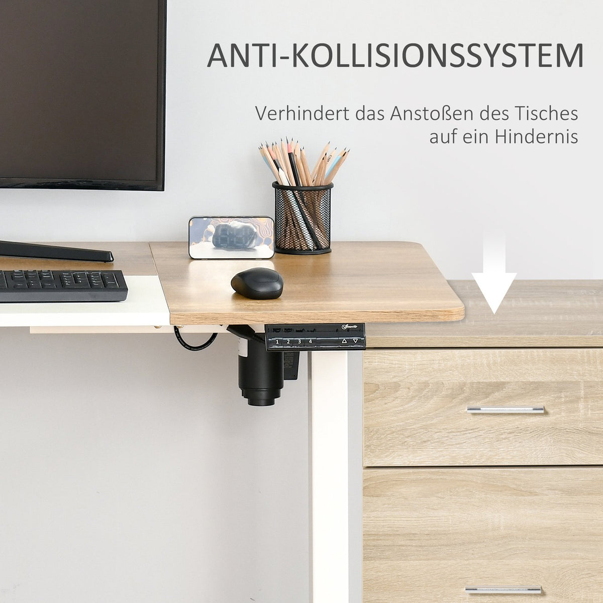Computer Desk Electric Desk, Standing Desk, Height Adjustable, Table Frame With Motor, Metal, Natural+White