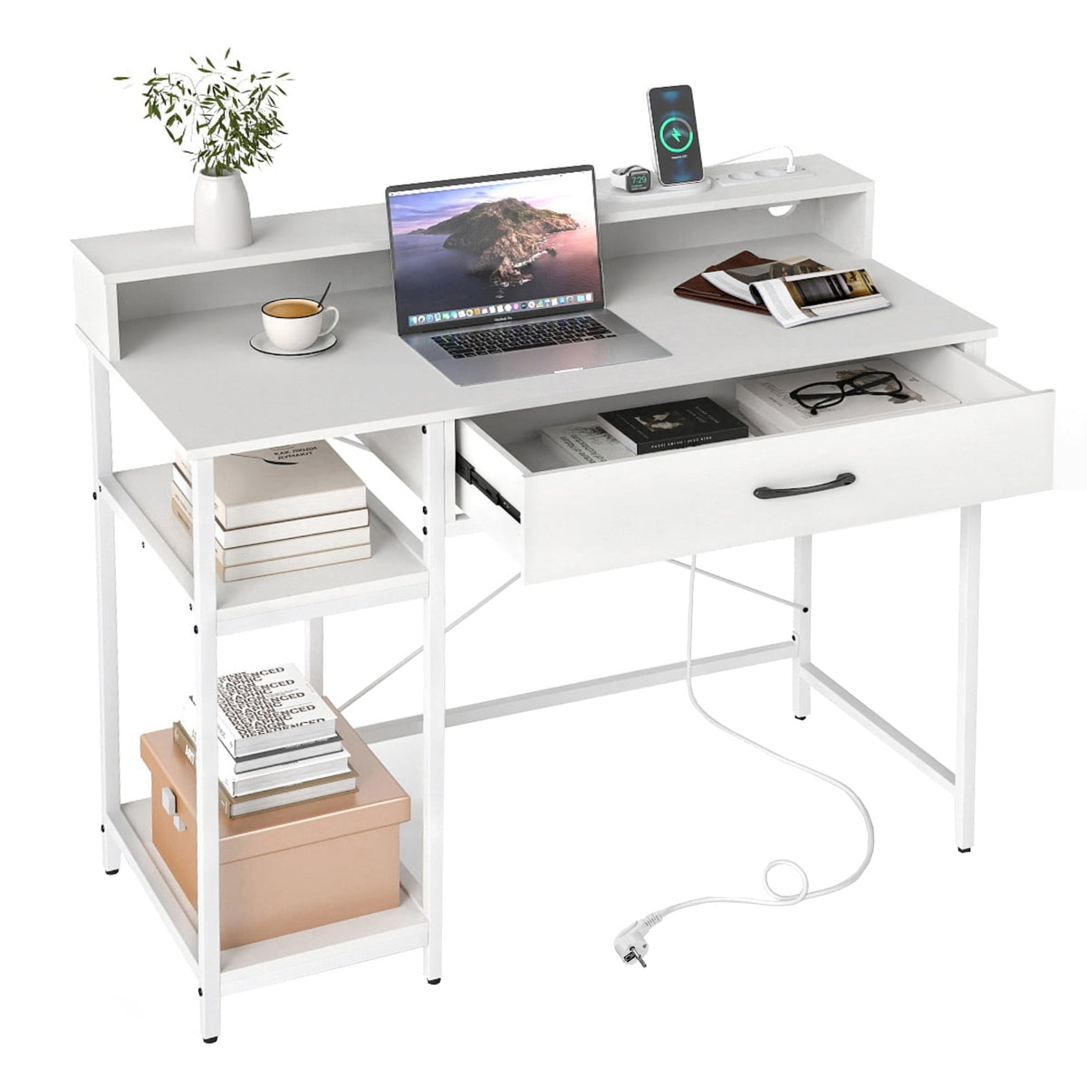 Computer Desk with Power Outlets, Drawer & Shelves, White