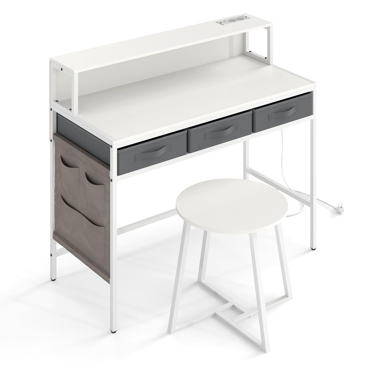 Computer Desk with Power Outlets, Monitor Stand, Stool Set