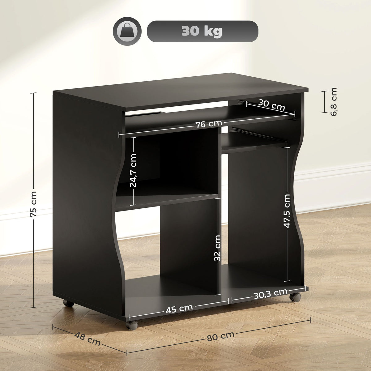 Computer desk desk with wheels Office table with keyboard shelf? Shelf, PC table black 80 x 48 x 75 cm