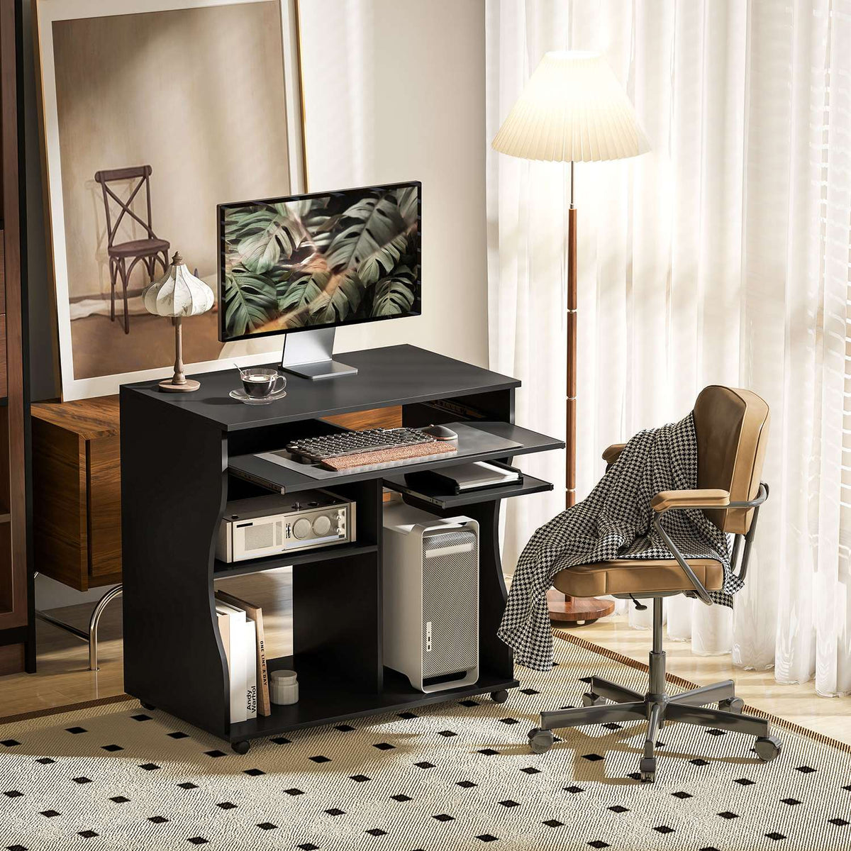 Computer desk desk with wheels Office table with keyboard shelf? Shelf, PC table black 80 x 48 x 75 cm