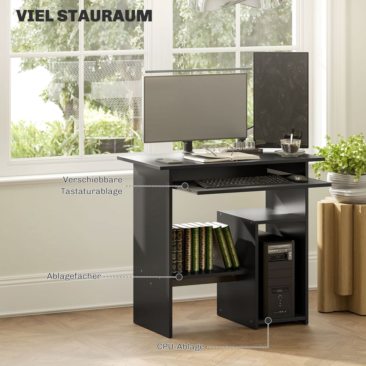 Computer table, desk with open compartments and shelves, office table, children's desk, PC table for office, study, 80 x 45 x 75 cm, black