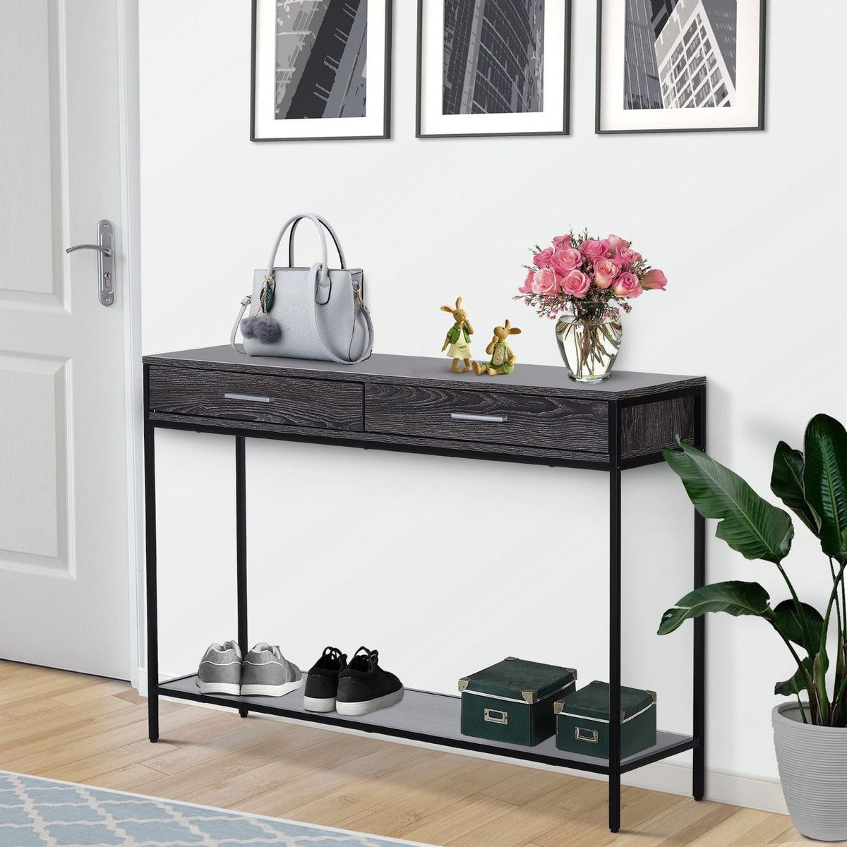 Console Table, Entrance Table, Side Table, 2 Drawers, Lower Shelf, Steel, Gray, 120 X 30 X 81.5 Cm