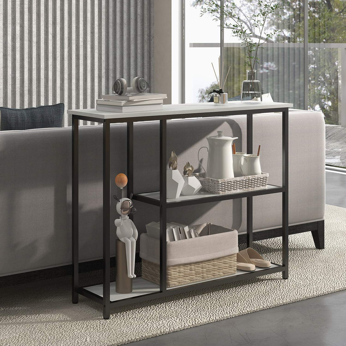 Console Table, Hall Table With 2 Levels, Standing Shelf, Side Table, Sofa Table With Anti-Tip Protection For Living Room, Hallway, Steel, White, 100 X 30 X 80 Cm