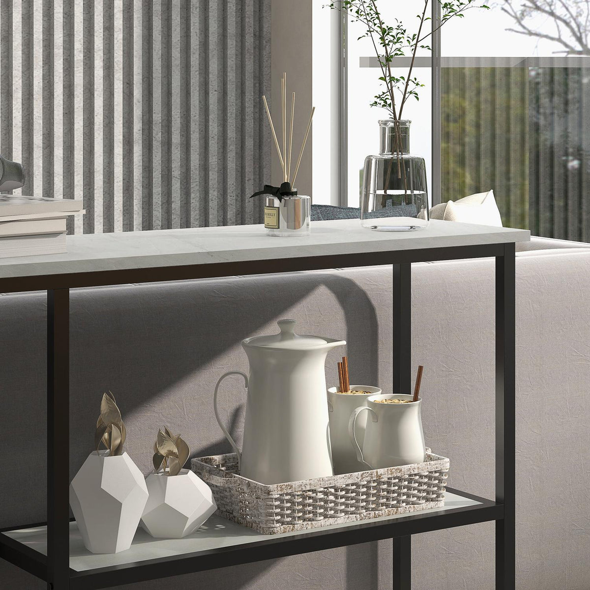 Console Table, Hall Table With 2 Levels, Standing Shelf, Side Table, Sofa Table With Anti-Tip Protection For Living Room, Hallway, Steel, White, 100 X 30 X 80 Cm