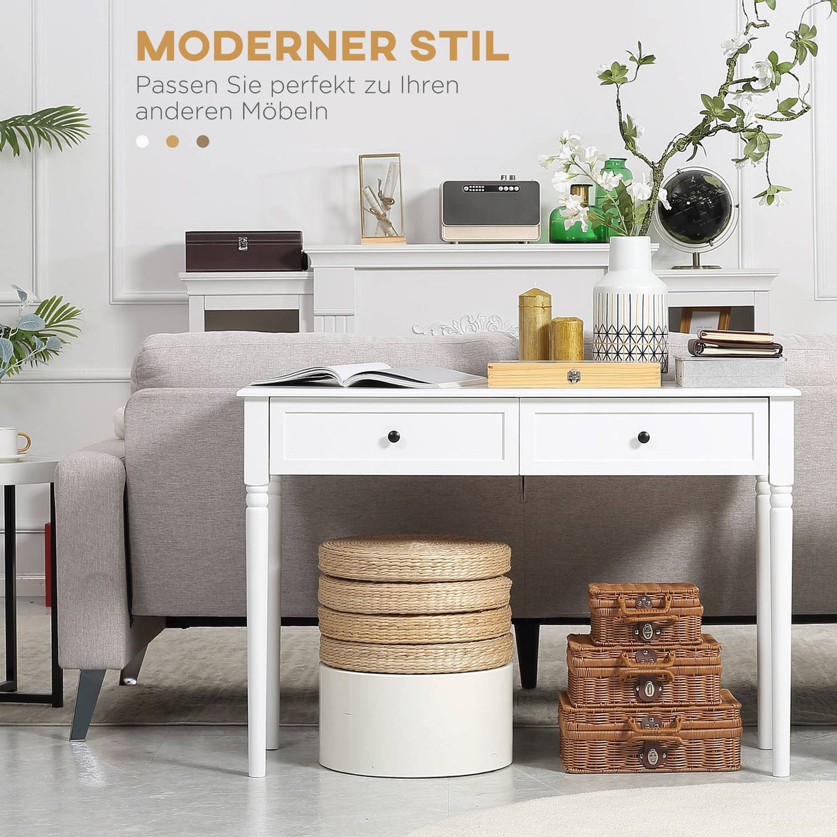 Console Table, Hallway Table, Side Table With Drawers, Modern Sofa Table For Entrance, Living Room And Hallway, Pine Wood, White