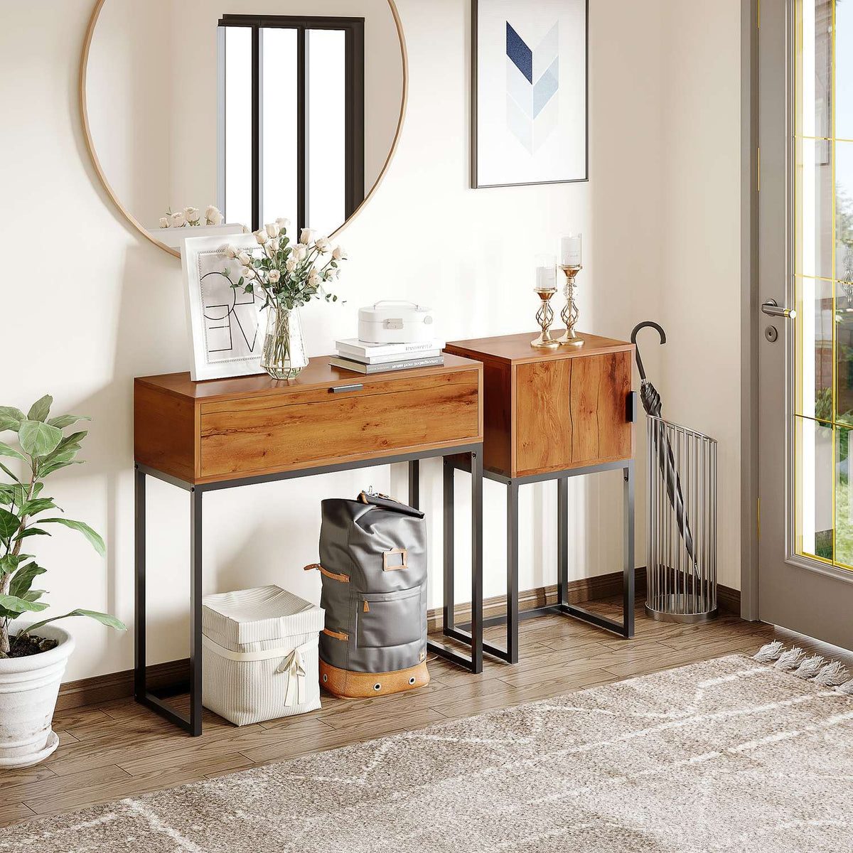Console Table, Hallway Table With Cupboard In Industrial Design, Side Table, Steel, Natural, 40X30X76 Cm
