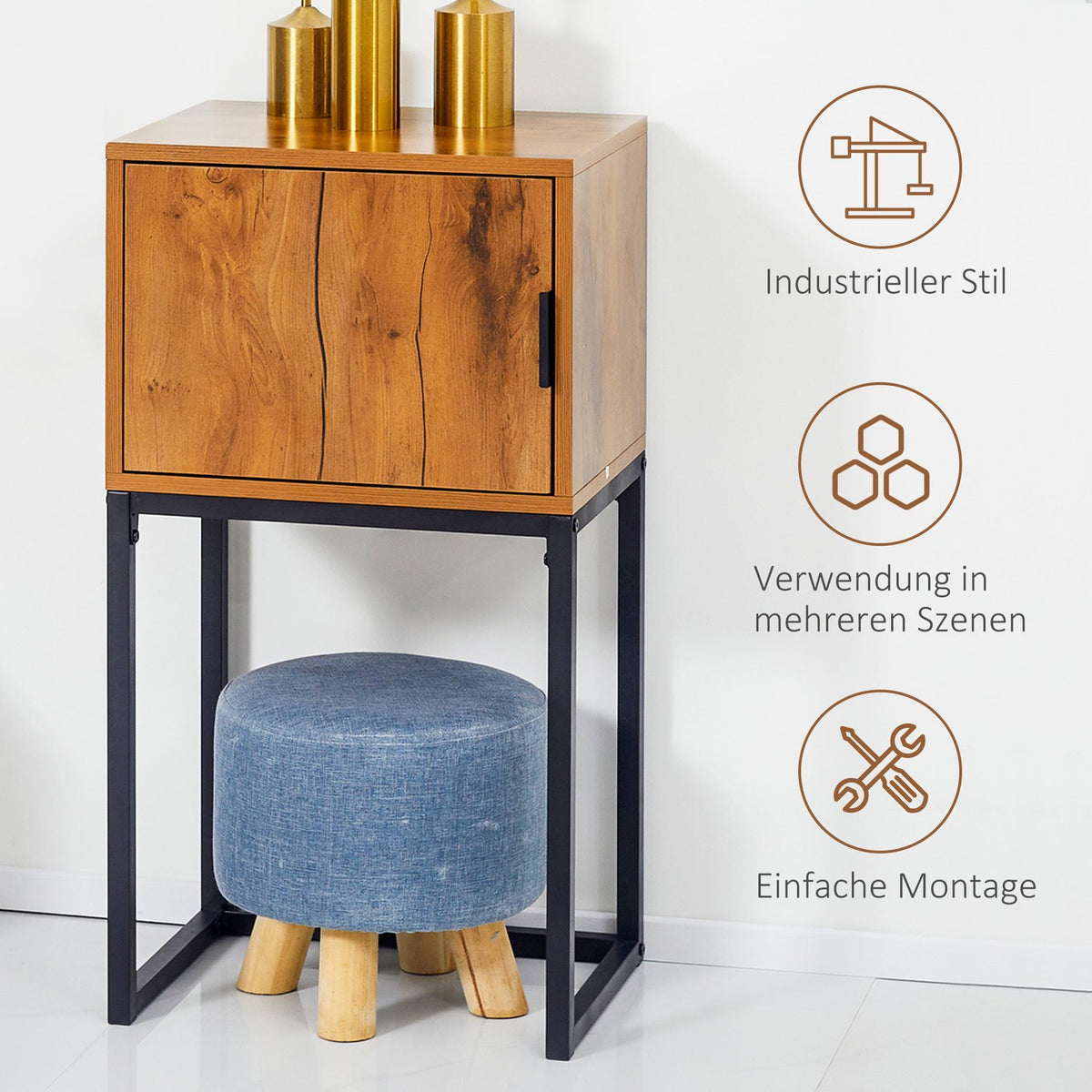 Console Table, Hallway Table With Cupboard In Industrial Design, Side Table, Steel, Natural, 40X30X76 Cm