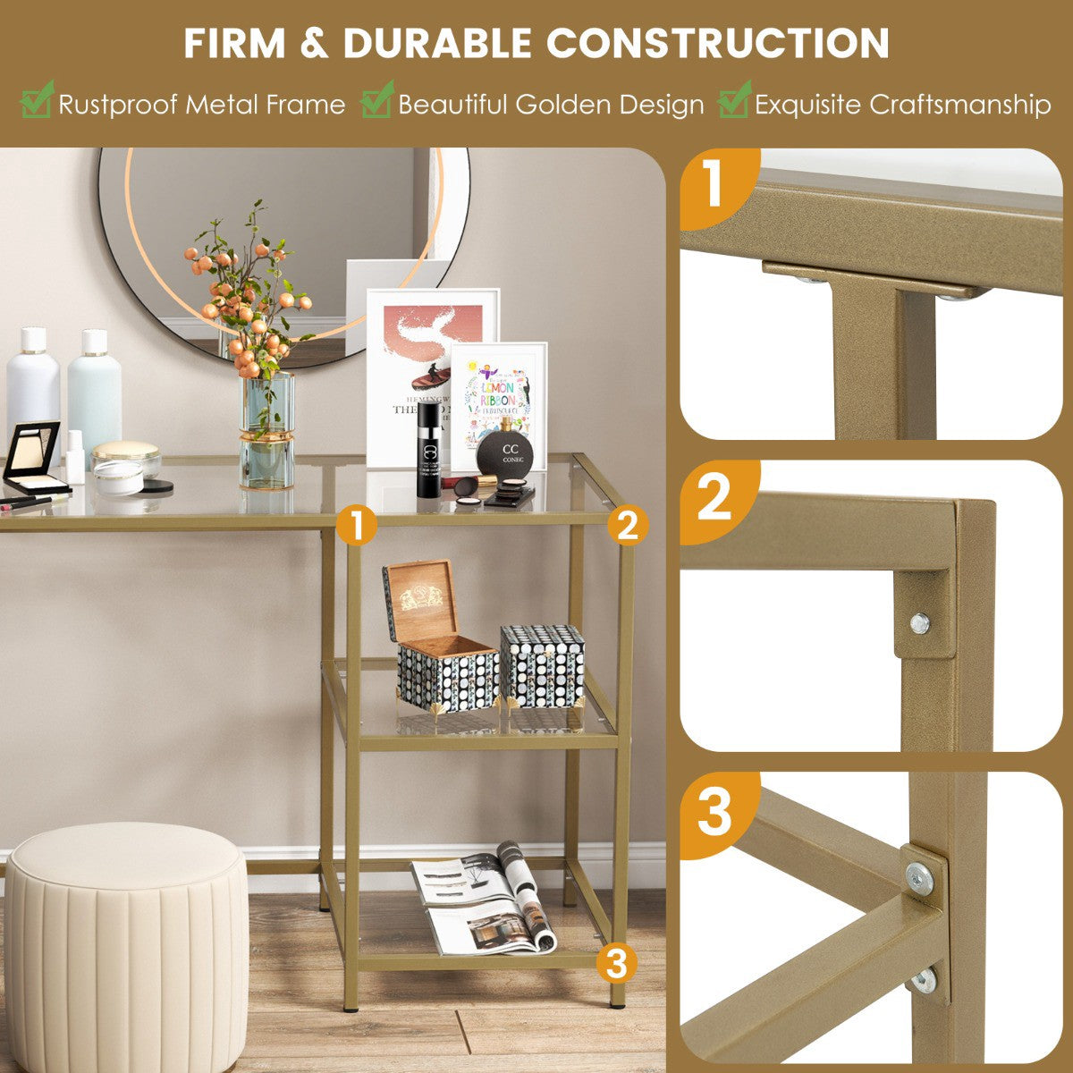 Console Table, Tempered Glass Top, 2 Shelves, Gold Frame