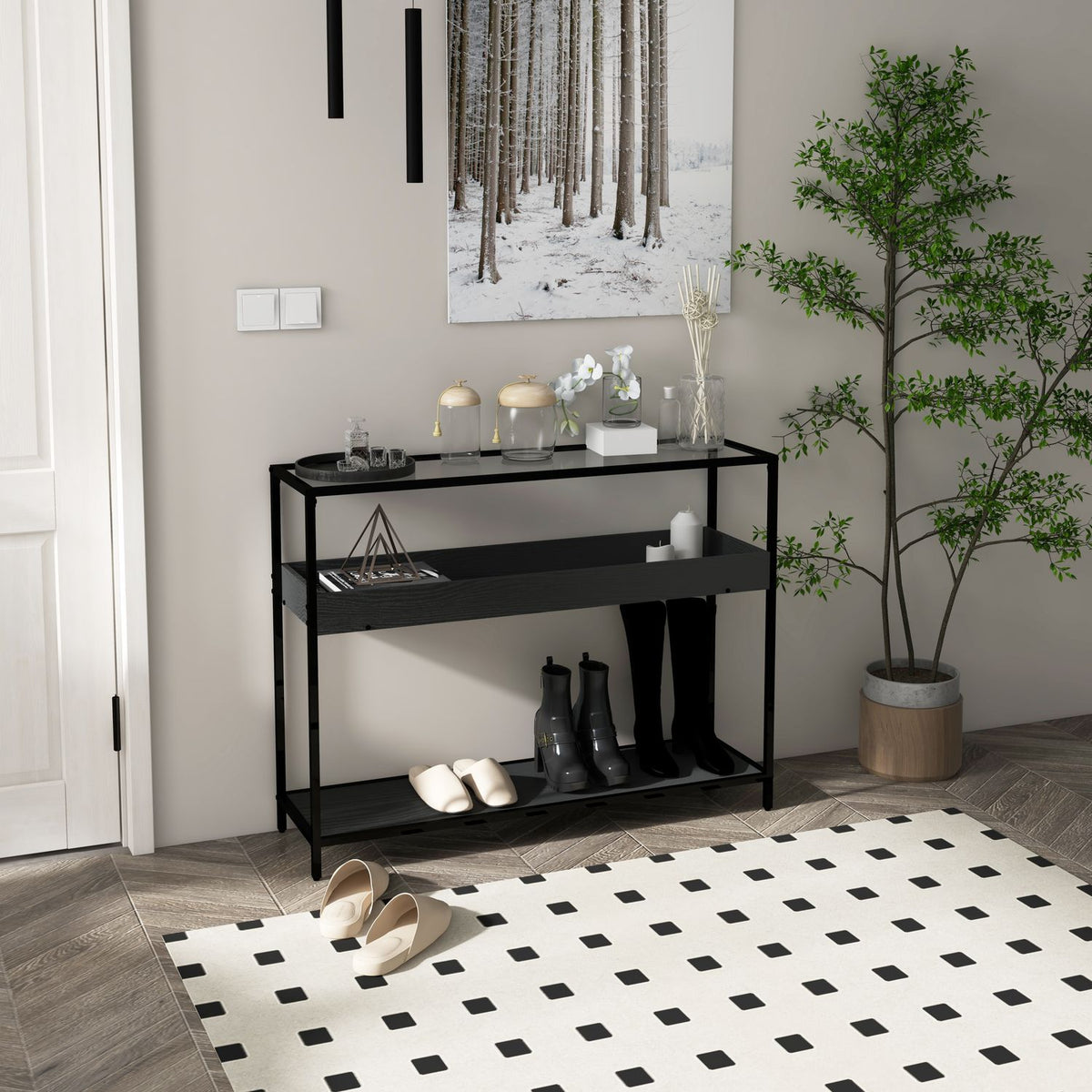 Console Table With 2 Shelves, Hall Table With Glass Top, Shoe Rack, Steel, Black, 100X30X78 Cm