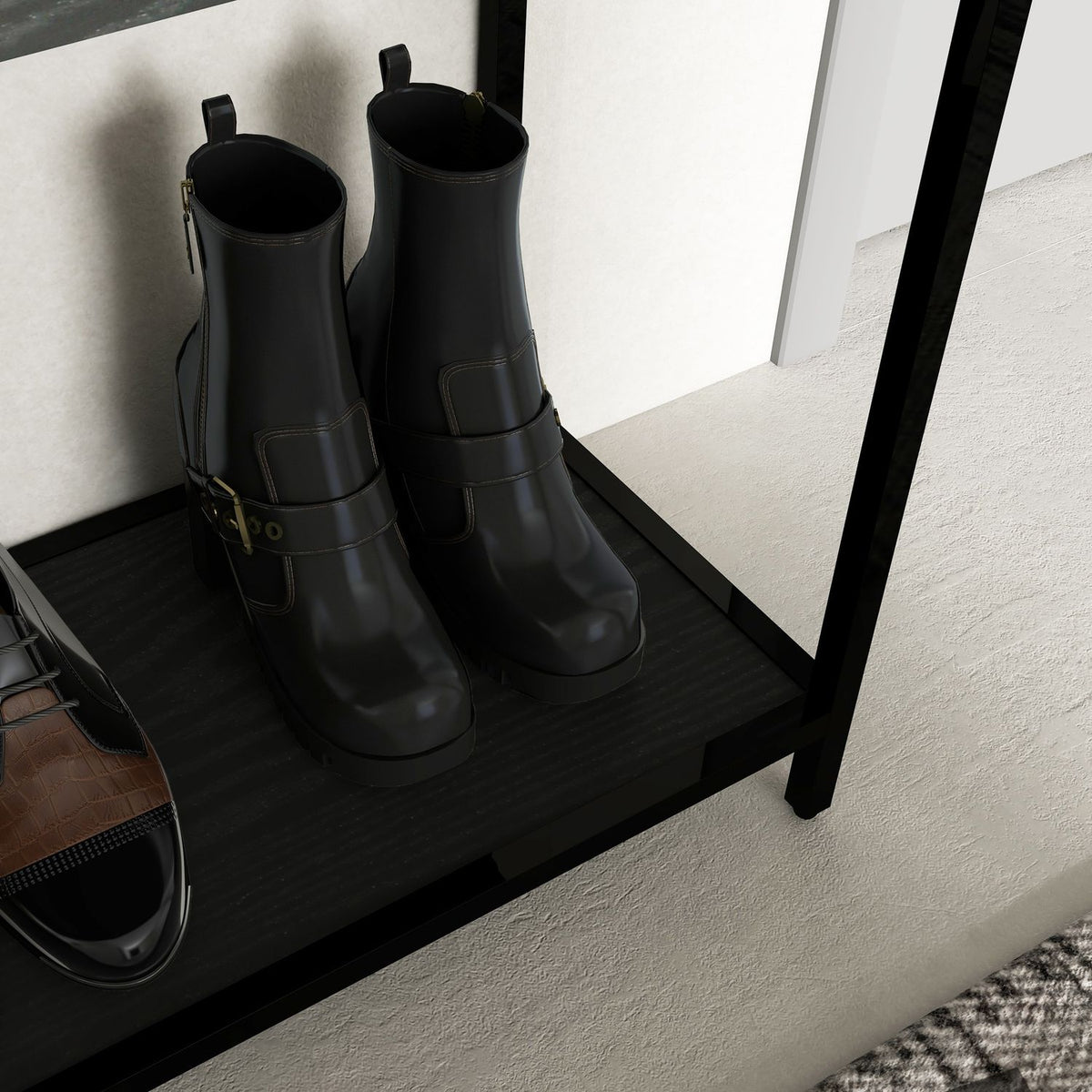 Console Table With 2 Shelves, Hall Table With Glass Top, Shoe Rack, Steel, Black, 100X30X78 Cm