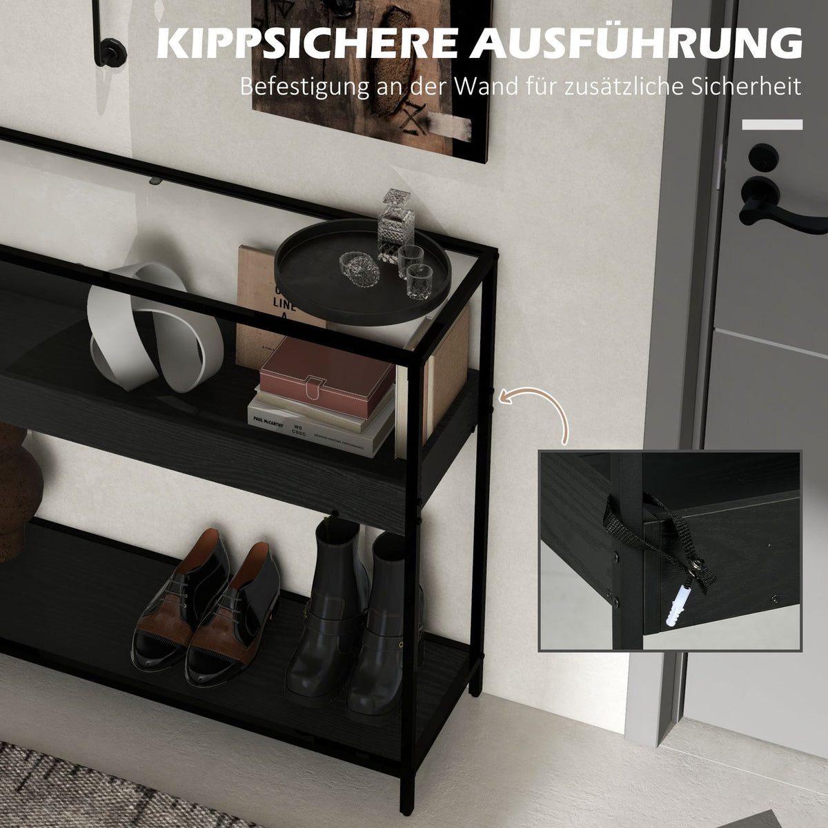 Console Table With 2 Shelves, Hall Table With Glass Top, Shoe Rack, Steel, Black, 100X30X78 Cm