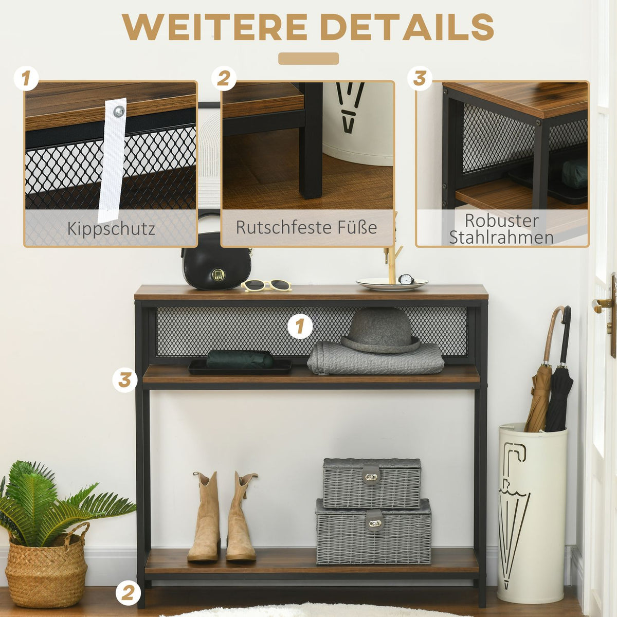 Console Table With 2 Shelves, Hallway Console With Anti-Tip Protection, Shoe Rack, Metal, Brown, 100X29.5X90 Cm