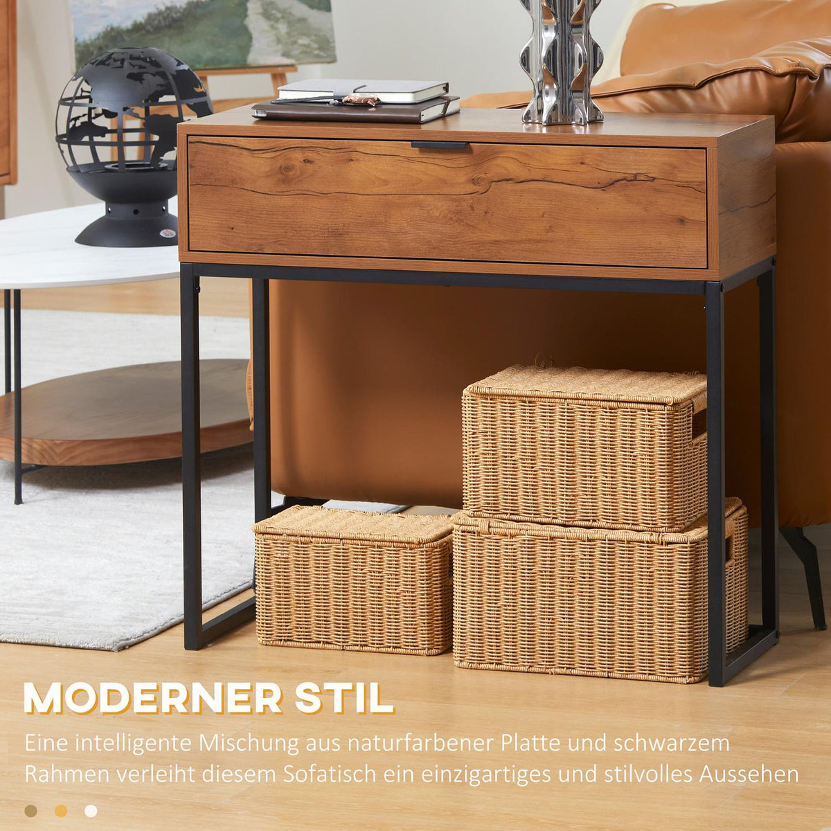 Console Table With Drawer, Sofa Table, Hall Table In Industrial Design, Side Table For Entrance, Living Room, Hallway, Steel, Natural, 80 X 30 X 76 Cm