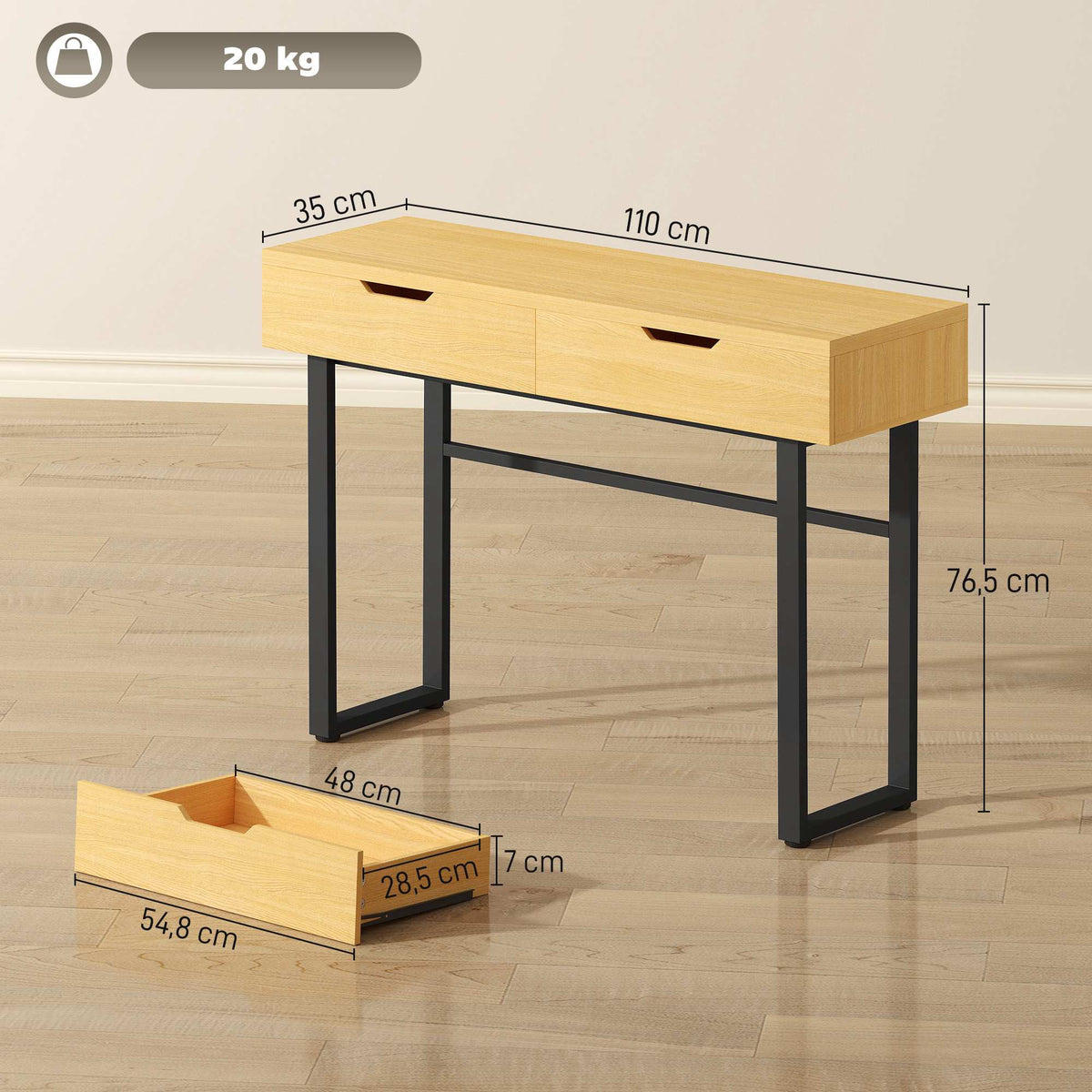 Console Table with 2 Drawers, Metal Frame, 110x35x76.5 cm