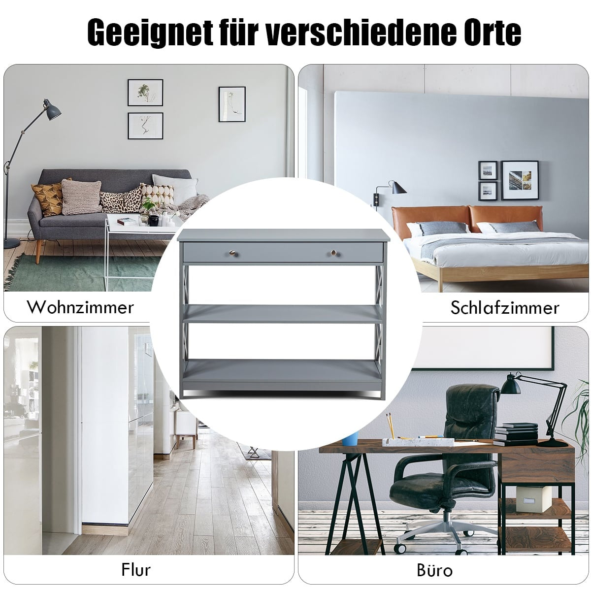 Console Table with Drawer, 3-Tier, Wood, 100x30x80 cm, Gray