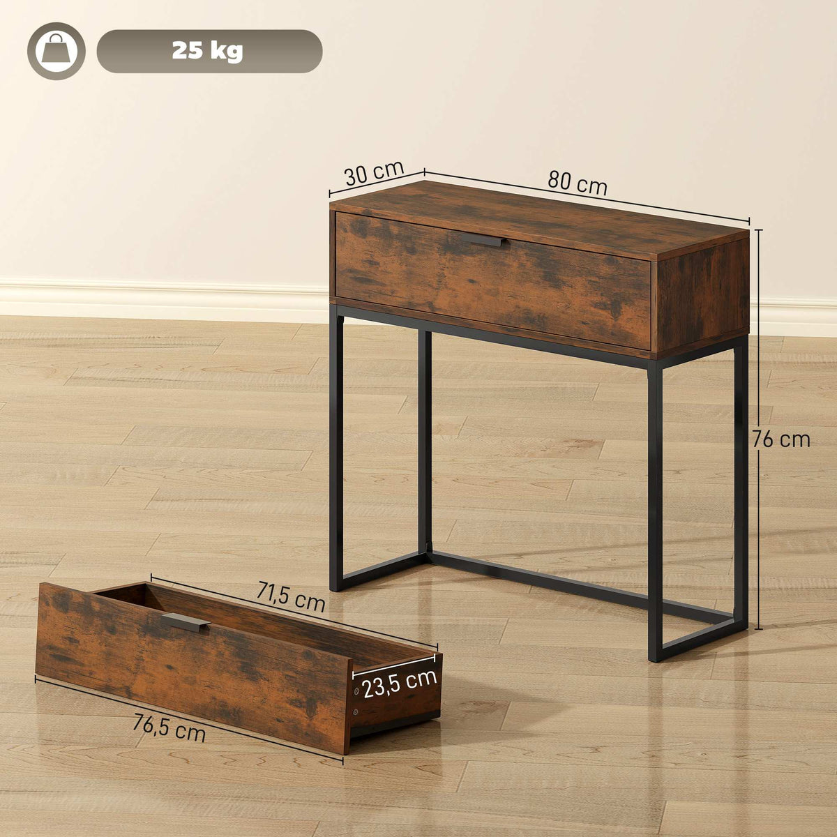 Console Table with Drawer, Industrial Design, 80x30x76 cm, Black