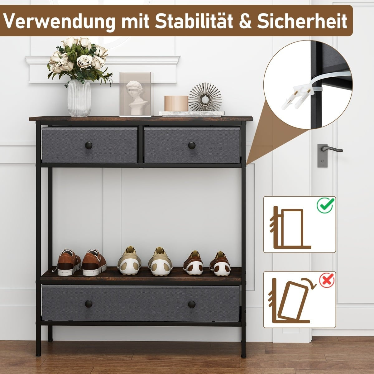 Console Table with Drawers, Rustic Brown, Metal Frame