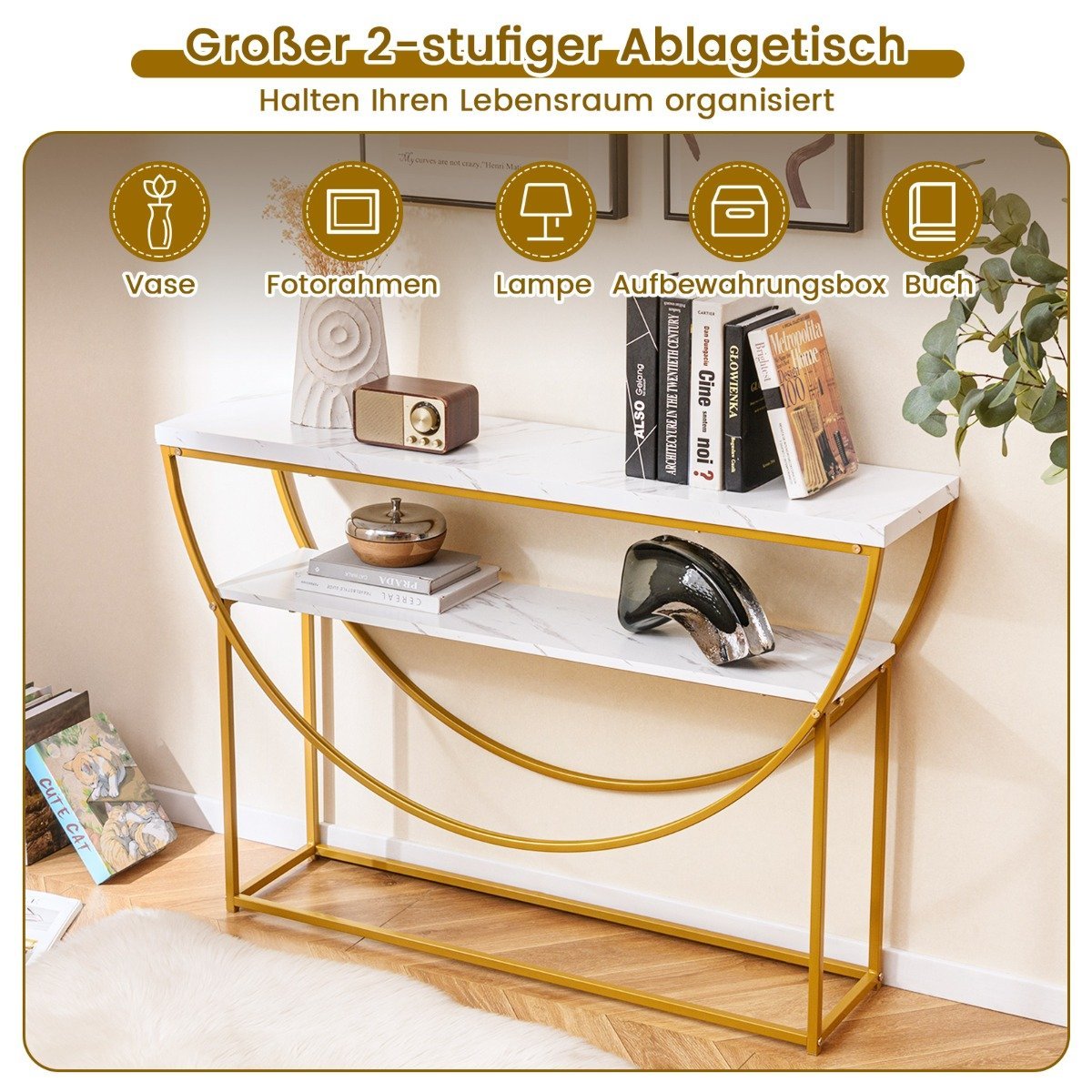 Console Table with Faux Marble Top, 2-Tier, 120x30x80.5 cm