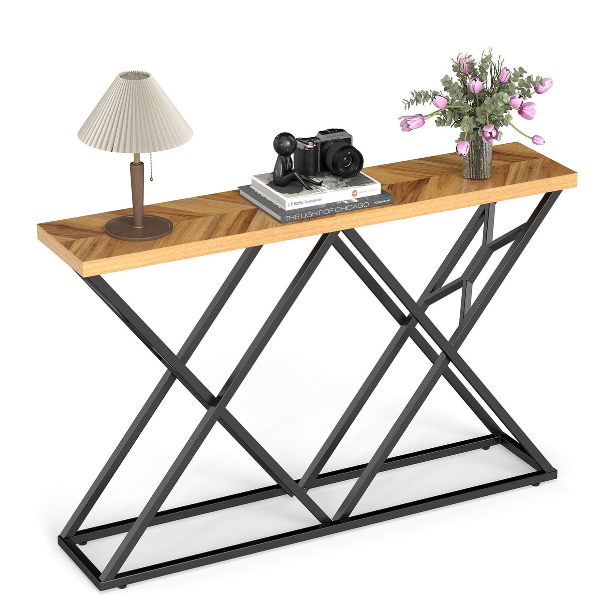 Console Table with Geometric Metal Base, 140 cm
