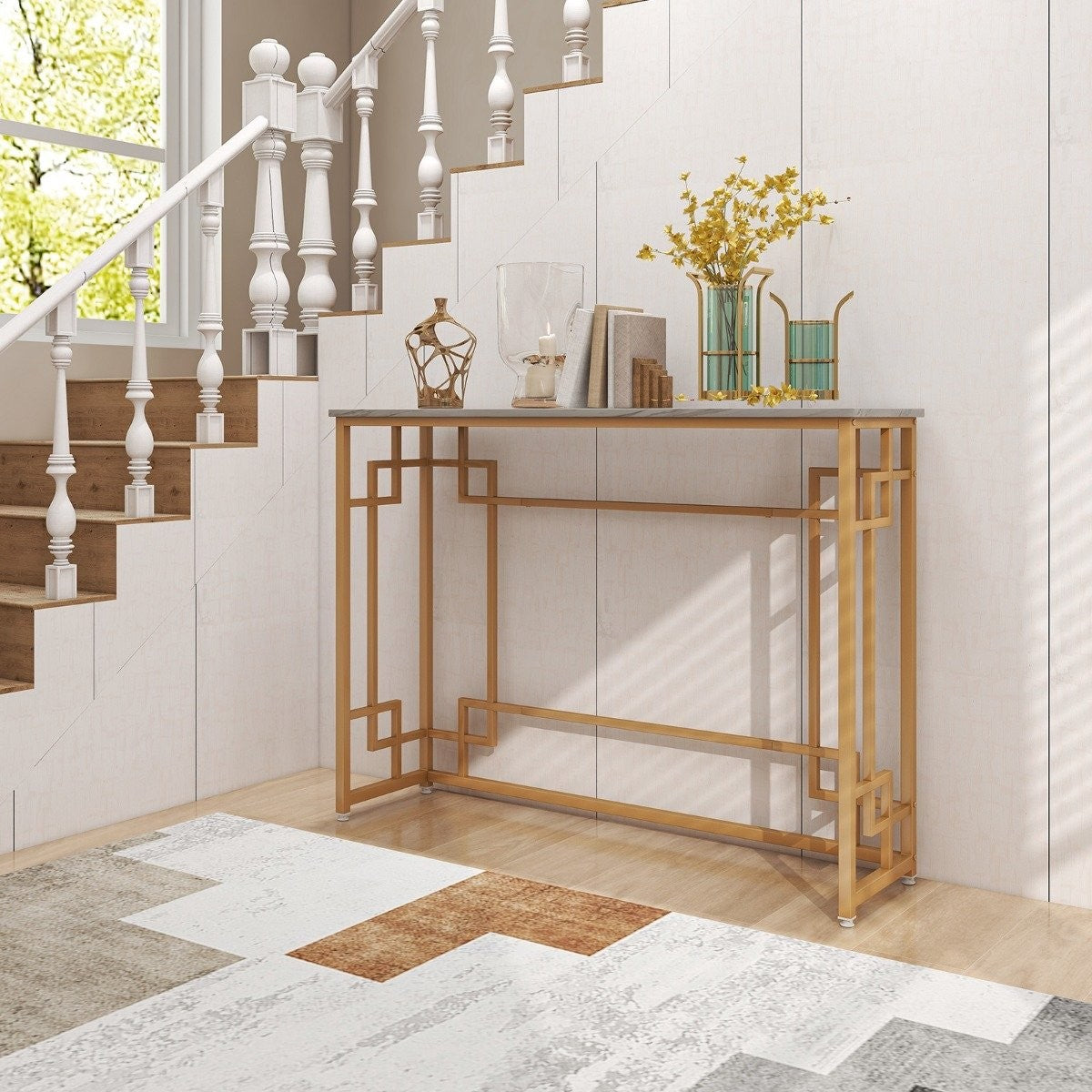 Console Table with Marble & Geometric Metal Frame Entrance Table Narrow Golden