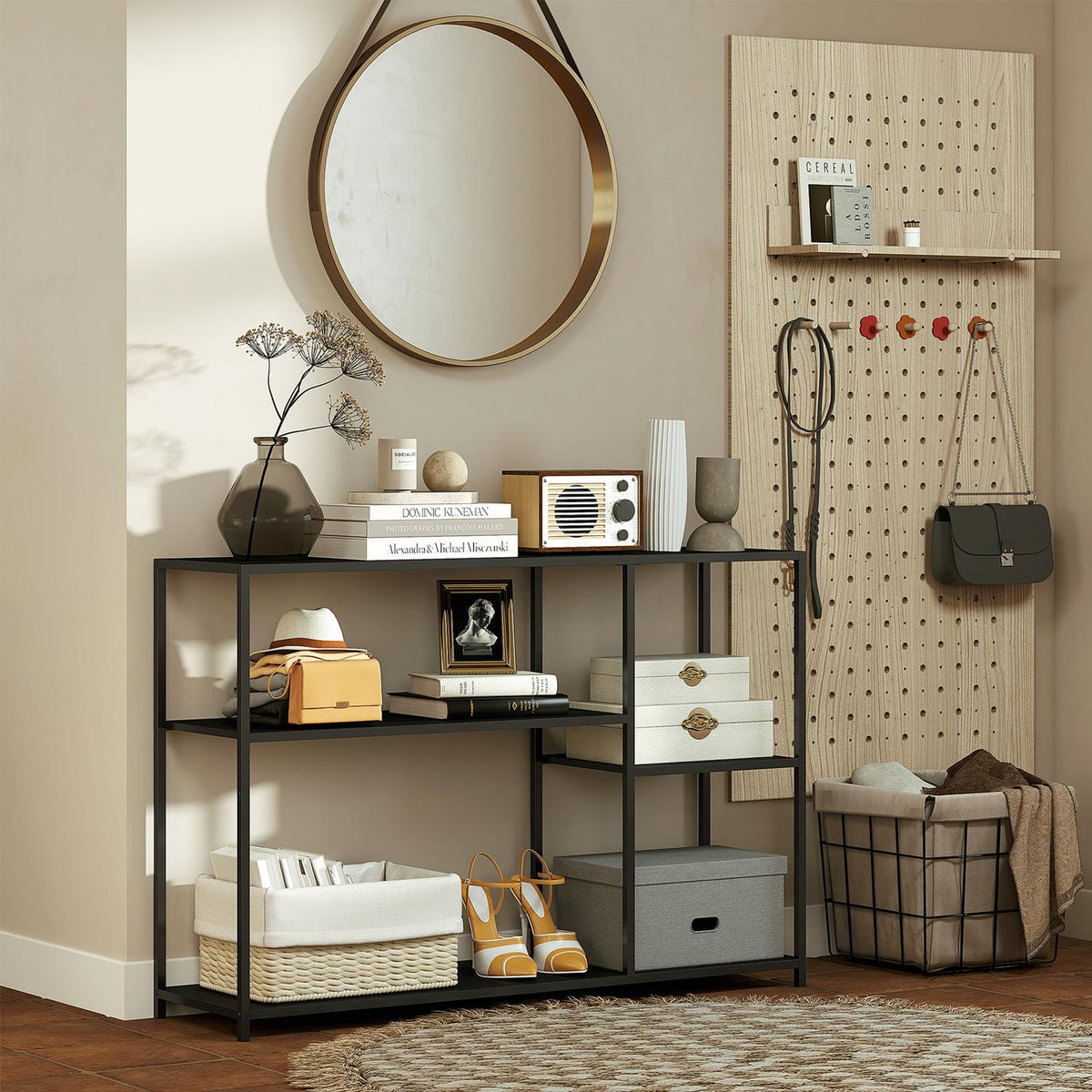 Console table, 4 levels, steel frame, for hallway, living room, black