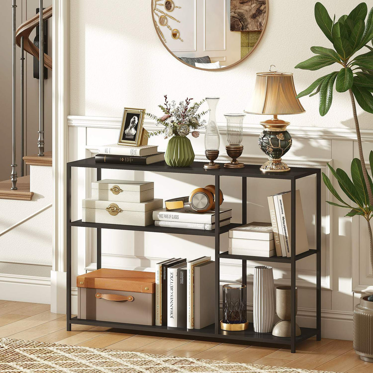 Console table, 4 levels, steel frame, for hallway, living room, black