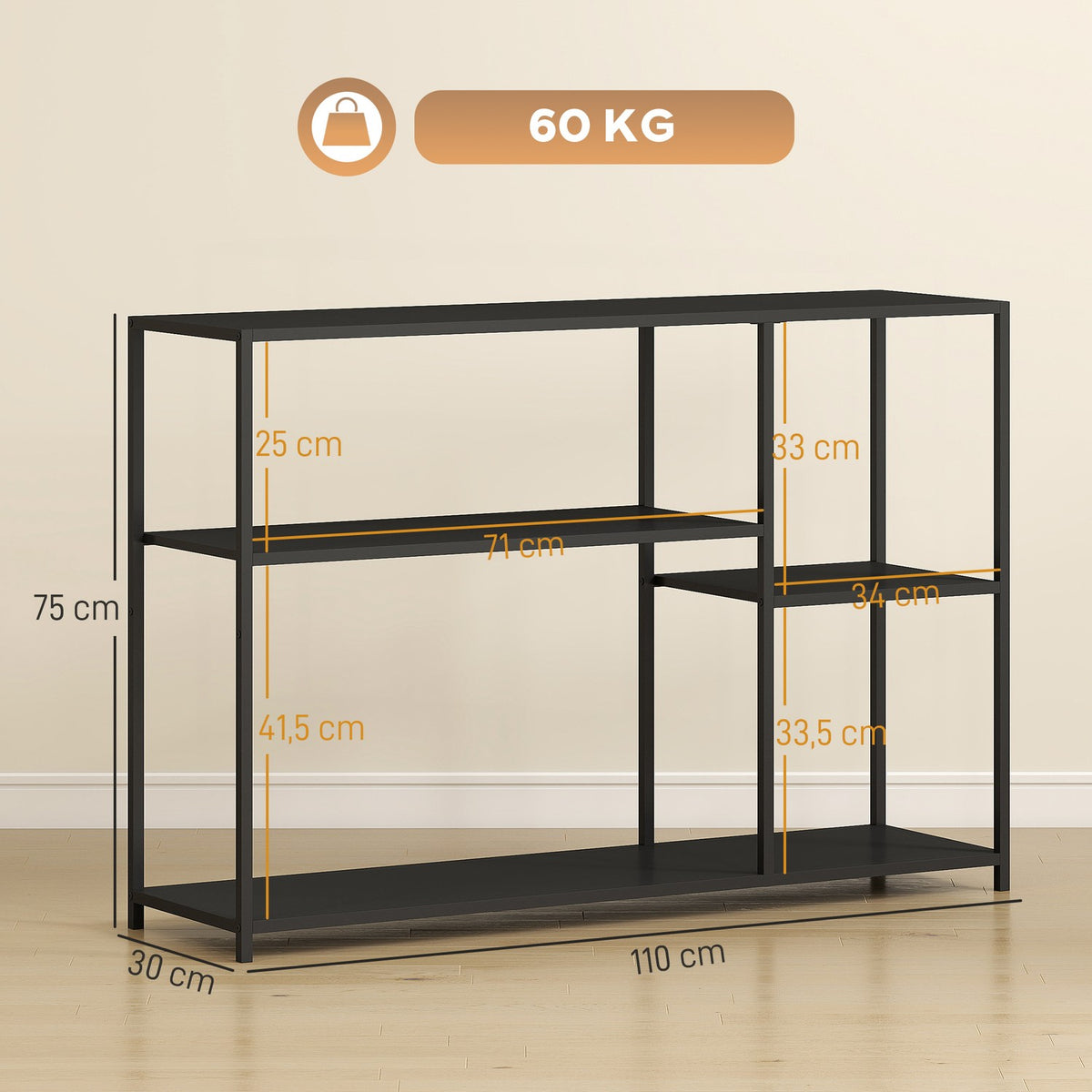 Console table, 4 levels, steel frame, for hallway, living room, black