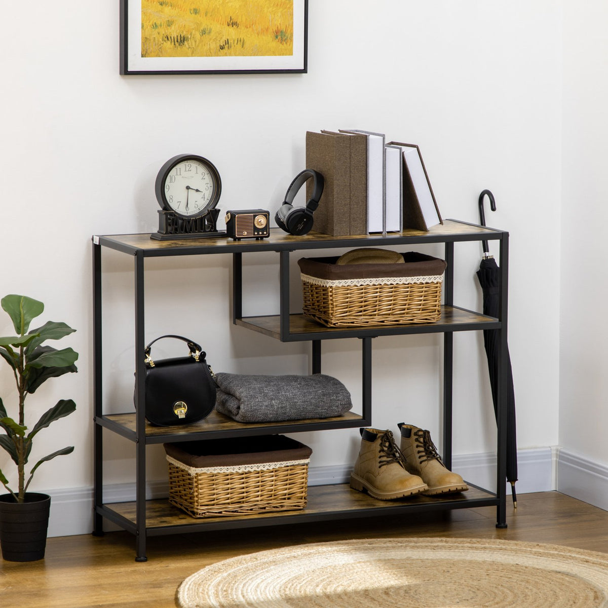 Console table, hallway table, 4 levels with steel legs, side table, decorative table, tilt protection for hallway, living room, rustic brown, 99.6 x 33.6 x 74 cm