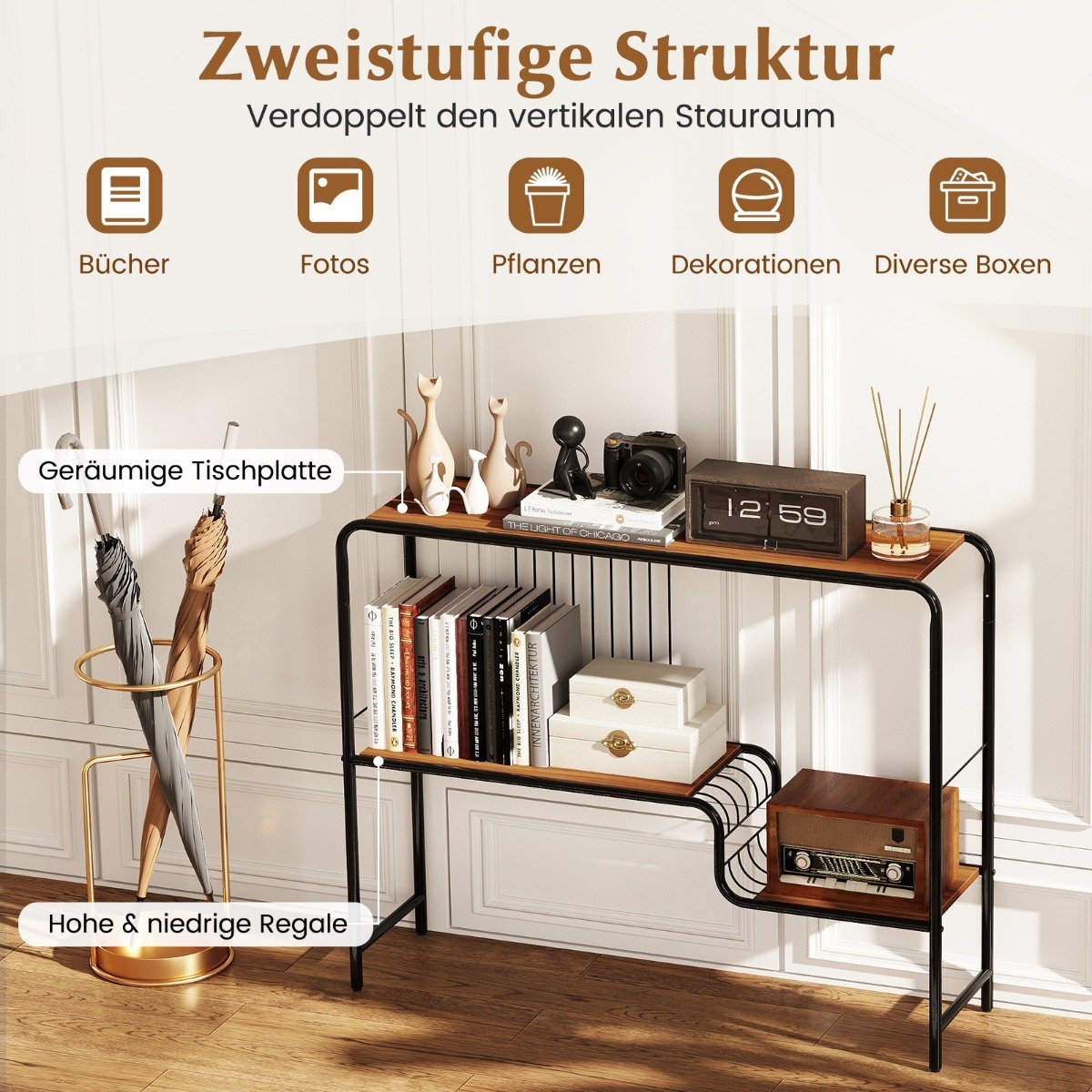 Console table hallway table with 2 shelves and metal frame entrance table with adjustable feet 99 x 27 x 79 cm
