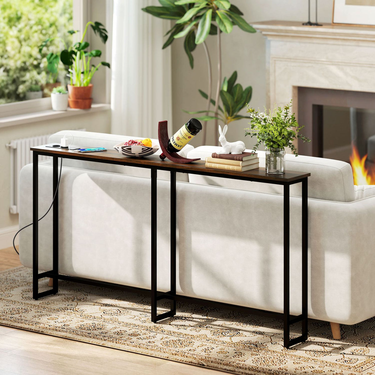 Console table, hallway table with integrated charging station, steel legs, narrow side table in industrial style for hallway, entrance, office, steel, 160 x 20 x 80 cm, rustic brown