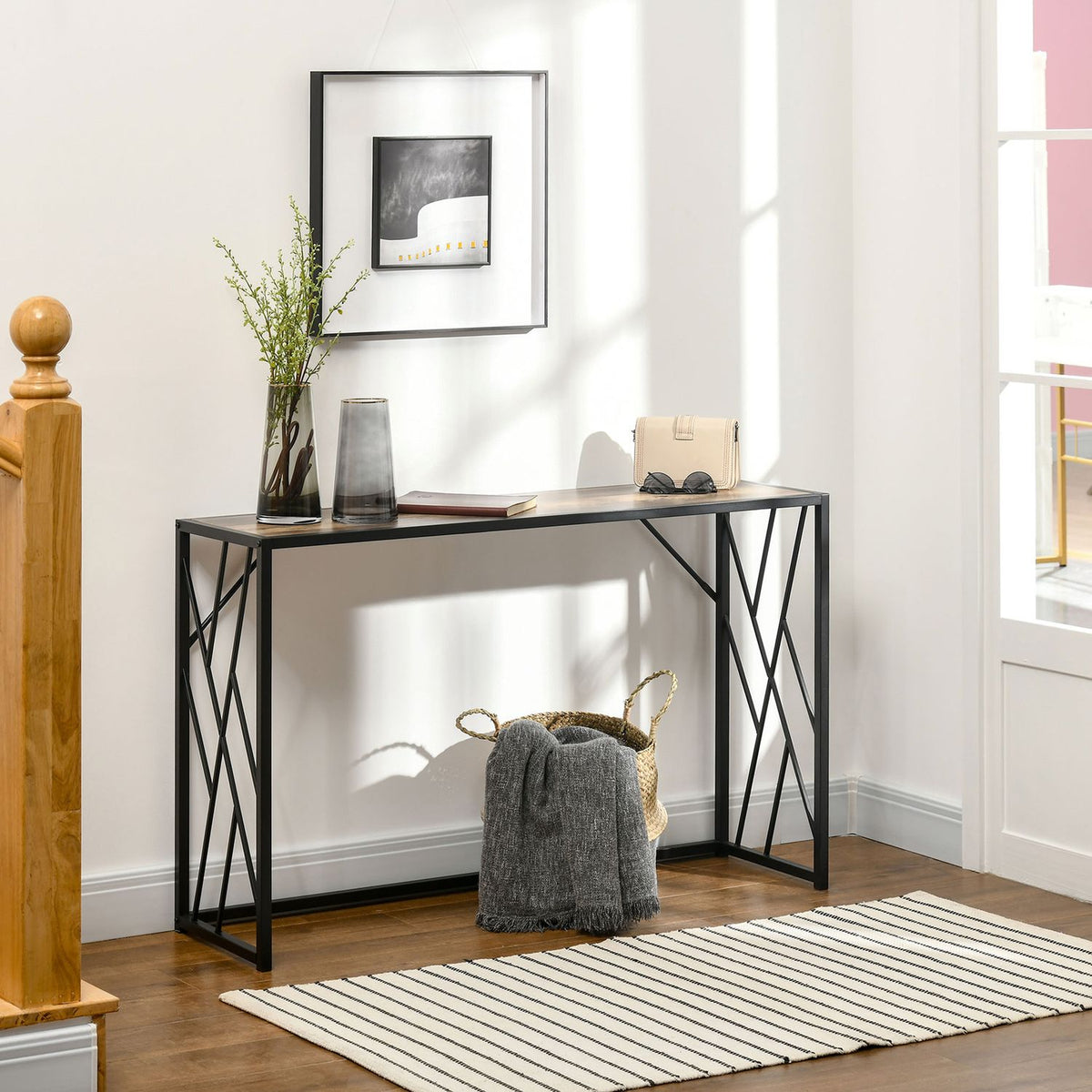 Console table, hallway table with steel legs, side table in industrial style, decorative table for hallway, for hallway, entrance, office, steel, 120 x 35 x 75 cm brown