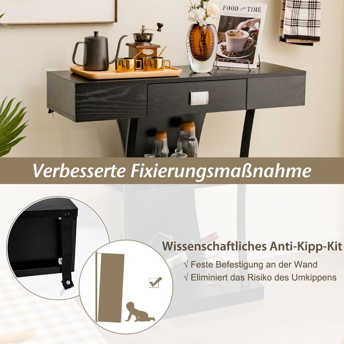 Console table with drawers & metal frame & 2 shelves & tilt protection hallway table black