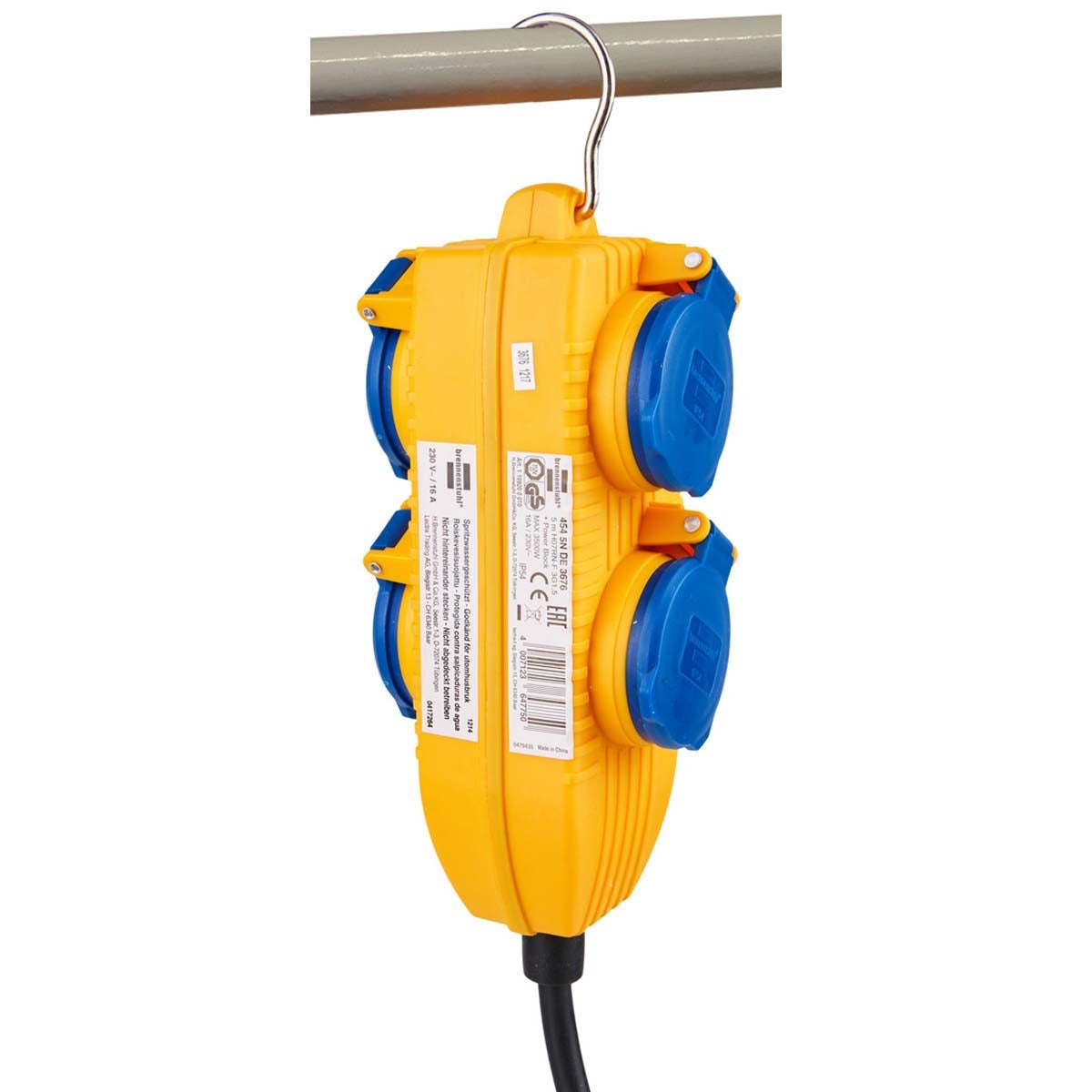 Construction site cable IP54 with power block (4-way extension for outside, external distributor with 5m cable) yellow