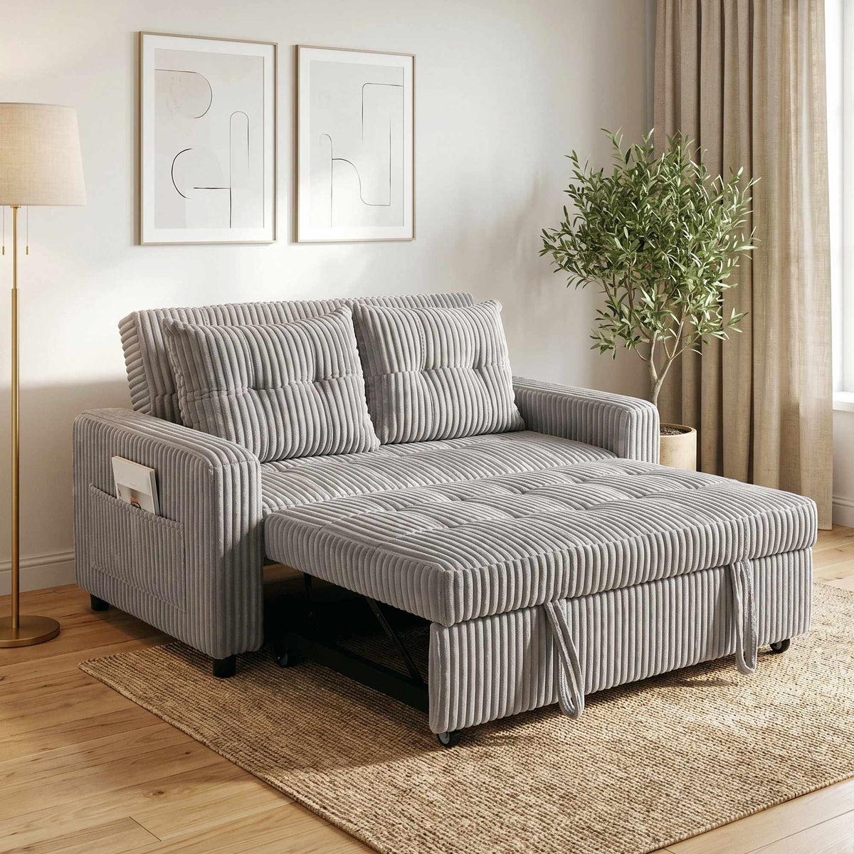 Convertible 2-Seater Cord Sofa Bed, 2 Pillows, Pockets, Grey