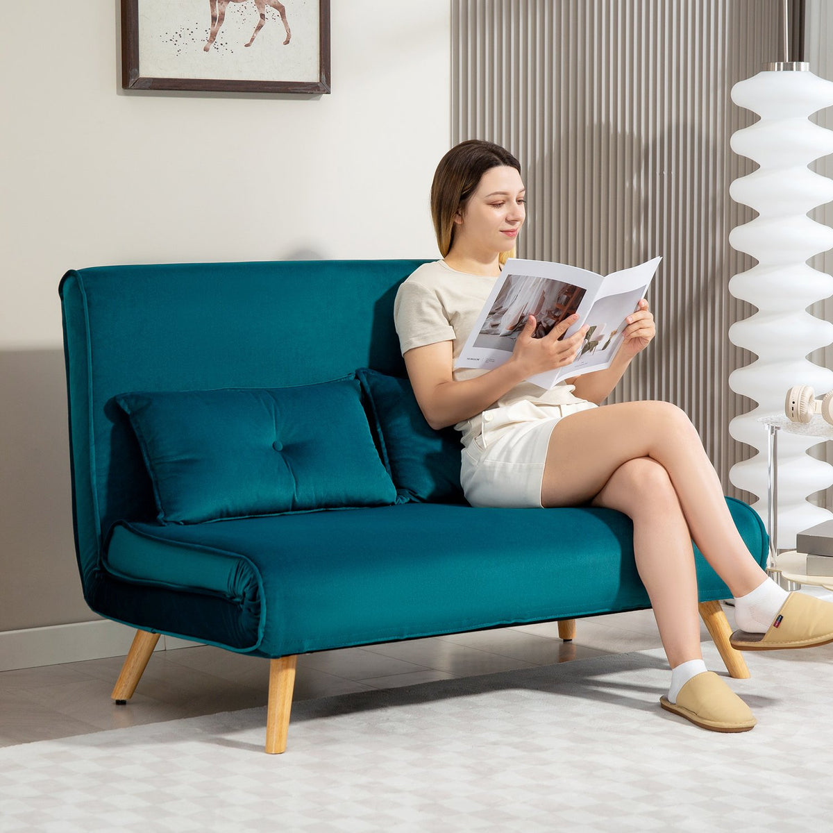 Convertible 2-Seater Sofa Bed, Adjustable Backrest, Green Fabric