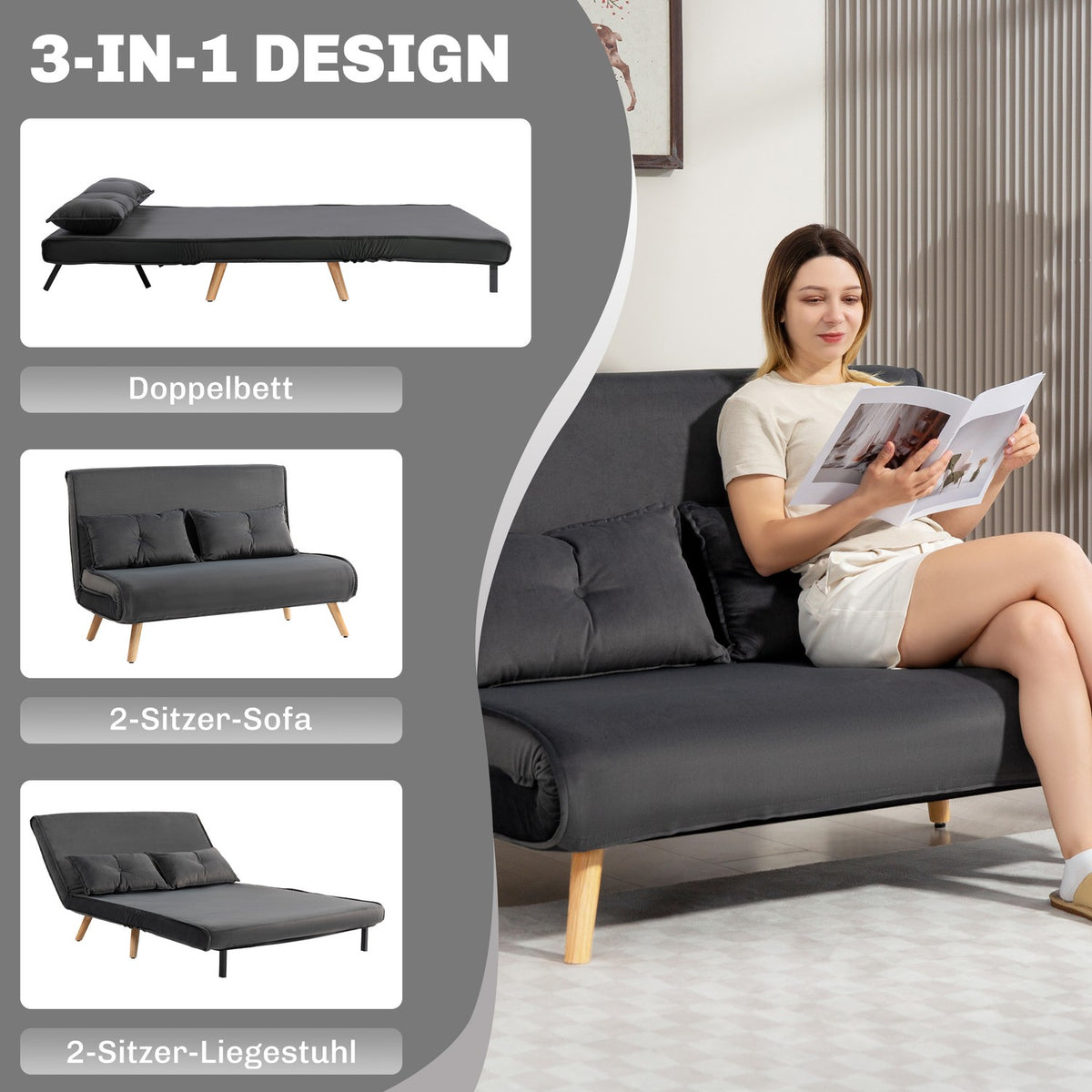 Convertible 2-Seater Sofa Bed, Adjustable Backrest, Grey Fabric