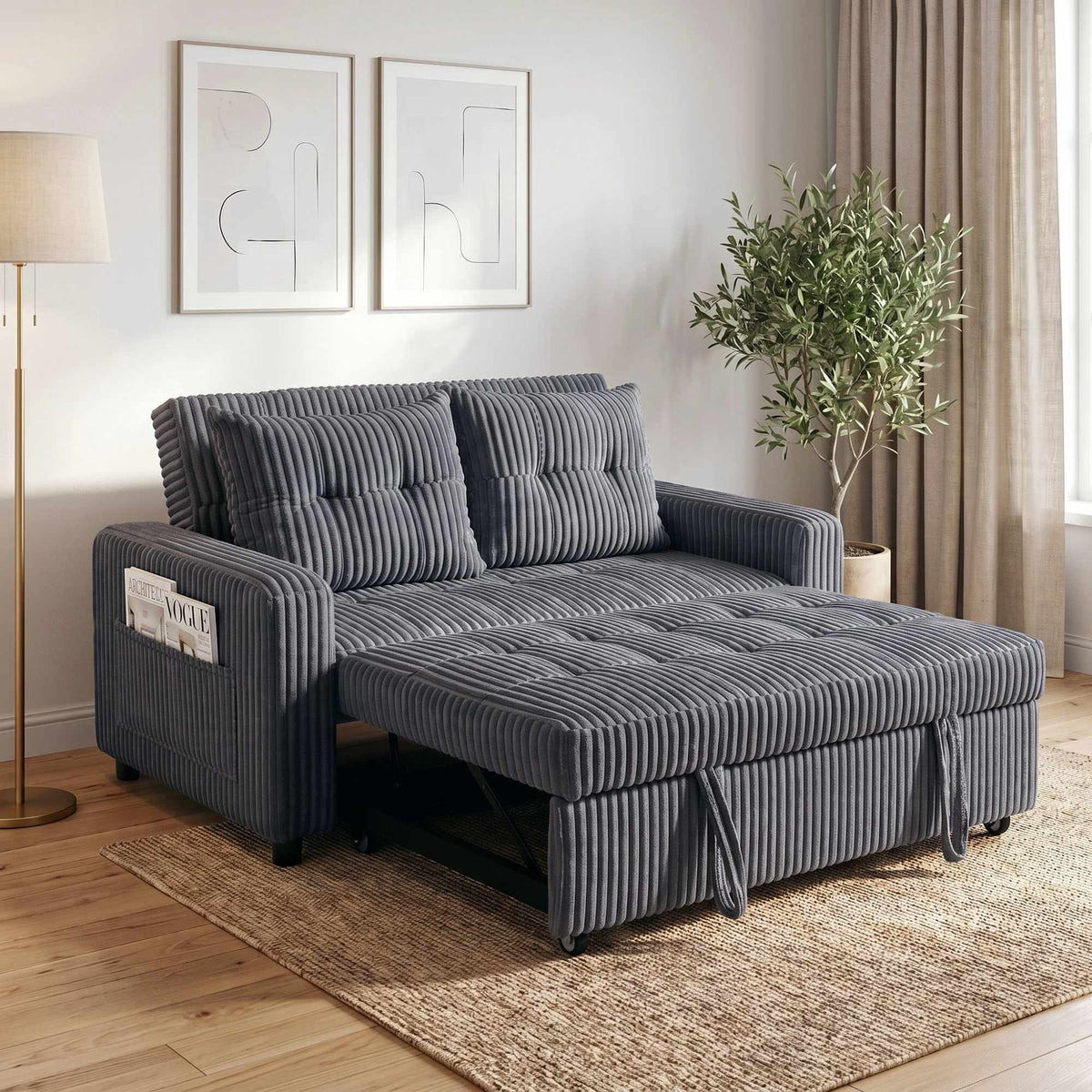 Convertible 2-Seater Sofa Bed, Dark Grey Cord, 157x190 cm