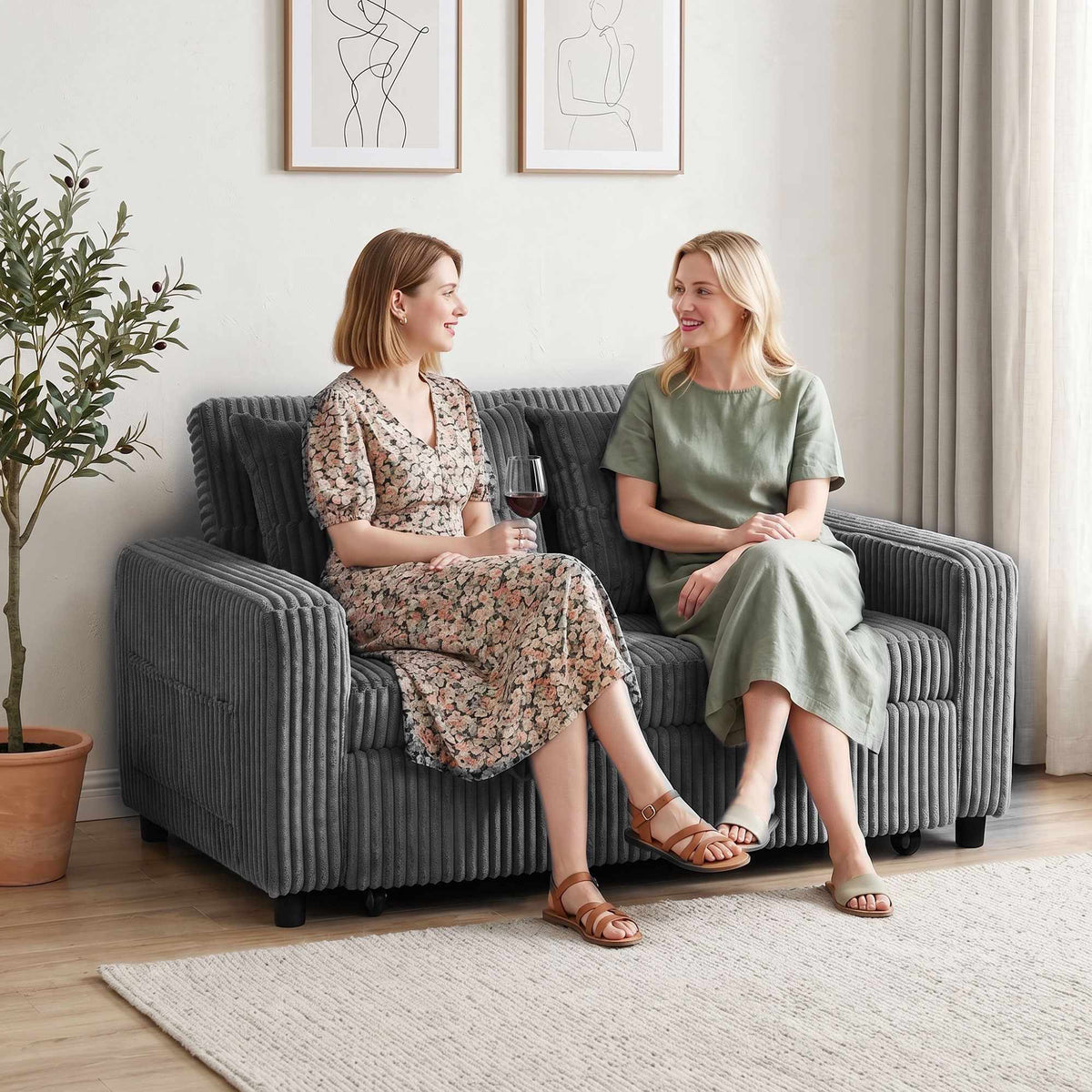 Convertible 2-Seater Sofa Bed, Dark Grey Cord, 157x190 cm