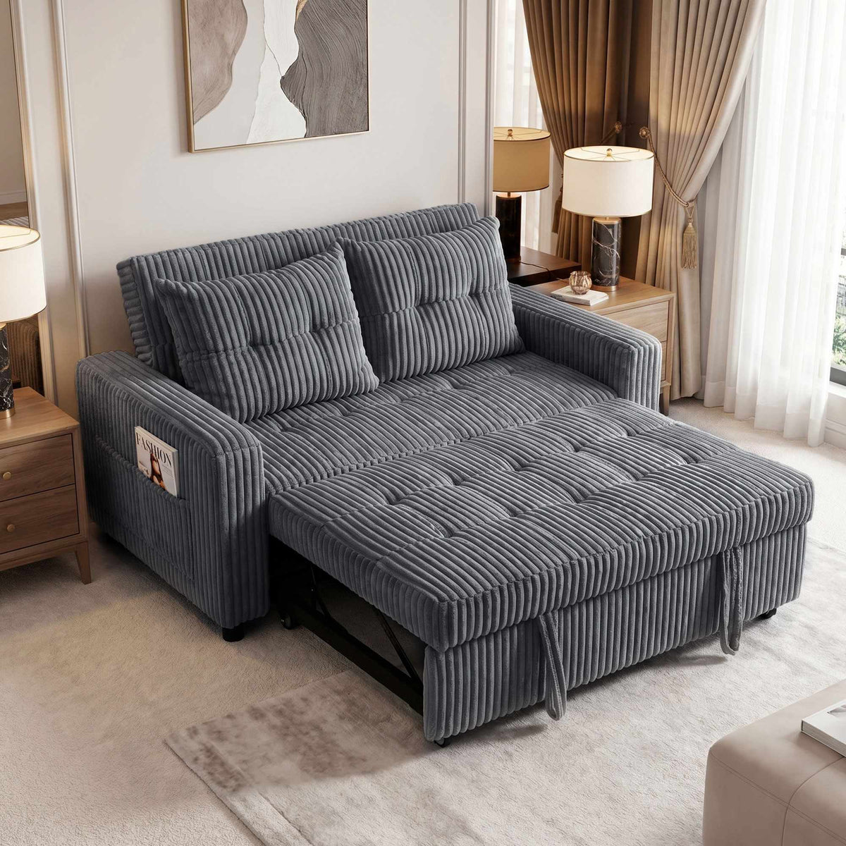 Convertible 2-Seater Sofa Bed, Dark Grey Cord, 157x190 cm